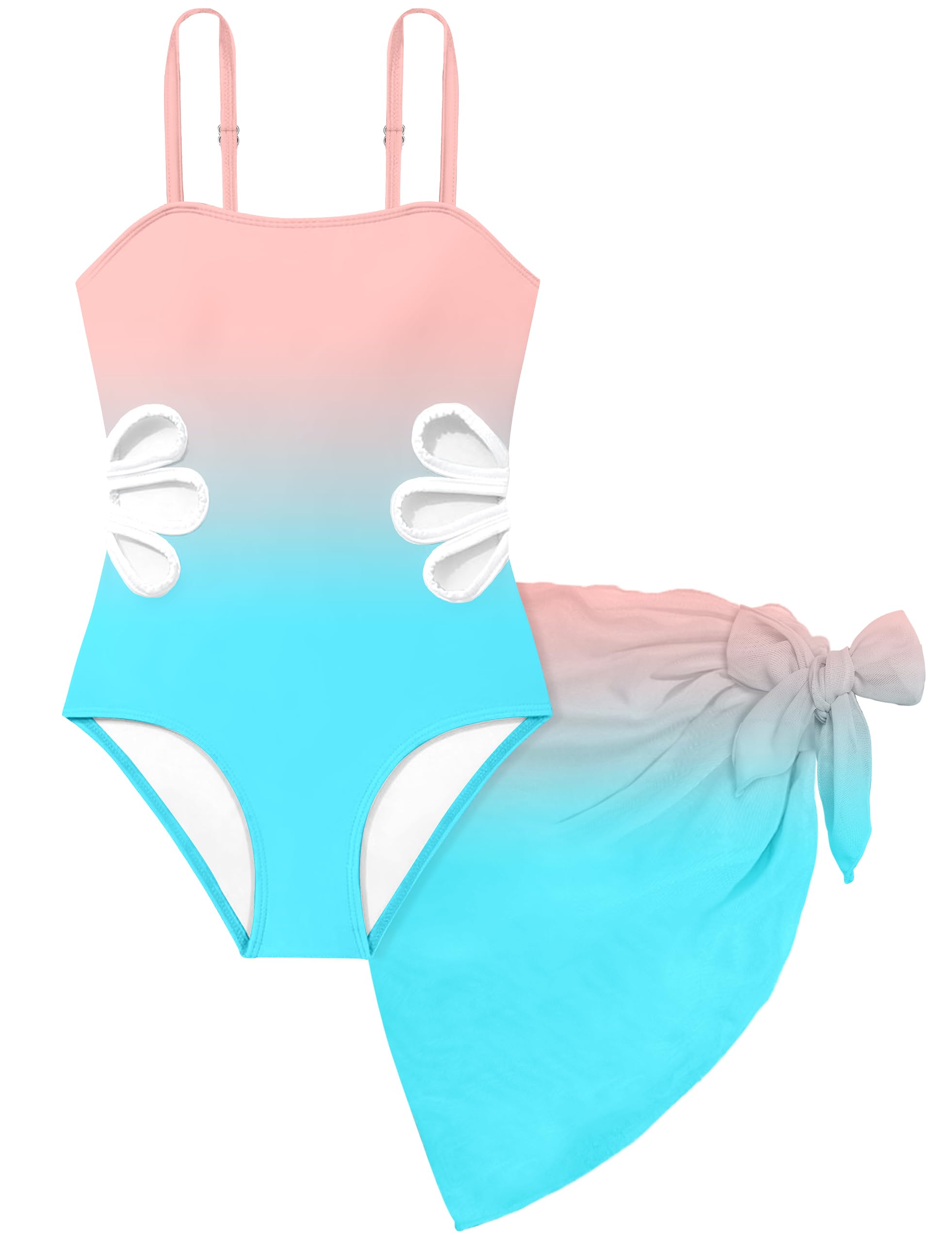 Girls Swimsuit Adjustable Straps Cut Out One Piece Bathing Suit with Solid Color Cover Up Skirt Girls' Swimwear 5-16Y