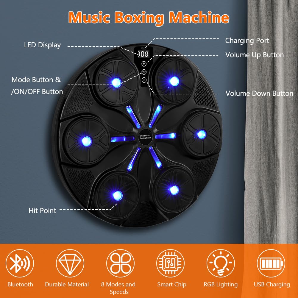 HOTUT Macchina da Boxe Musicale, Music Boxing Machine Adulti Intelligente con Bluetooth e Guanti da Boxe, 8 modalità di velocità Macchina da Box Musical Pugile, per Bambini e Adulti per Casa Interni