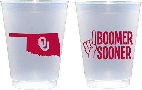 Officially Licensed Oklahoma University LogoBoomer Sooner Printed Frosted Plastic Cups 16 oz - Elegant Party Cups 10 Pack - Reusable Cute Cup set