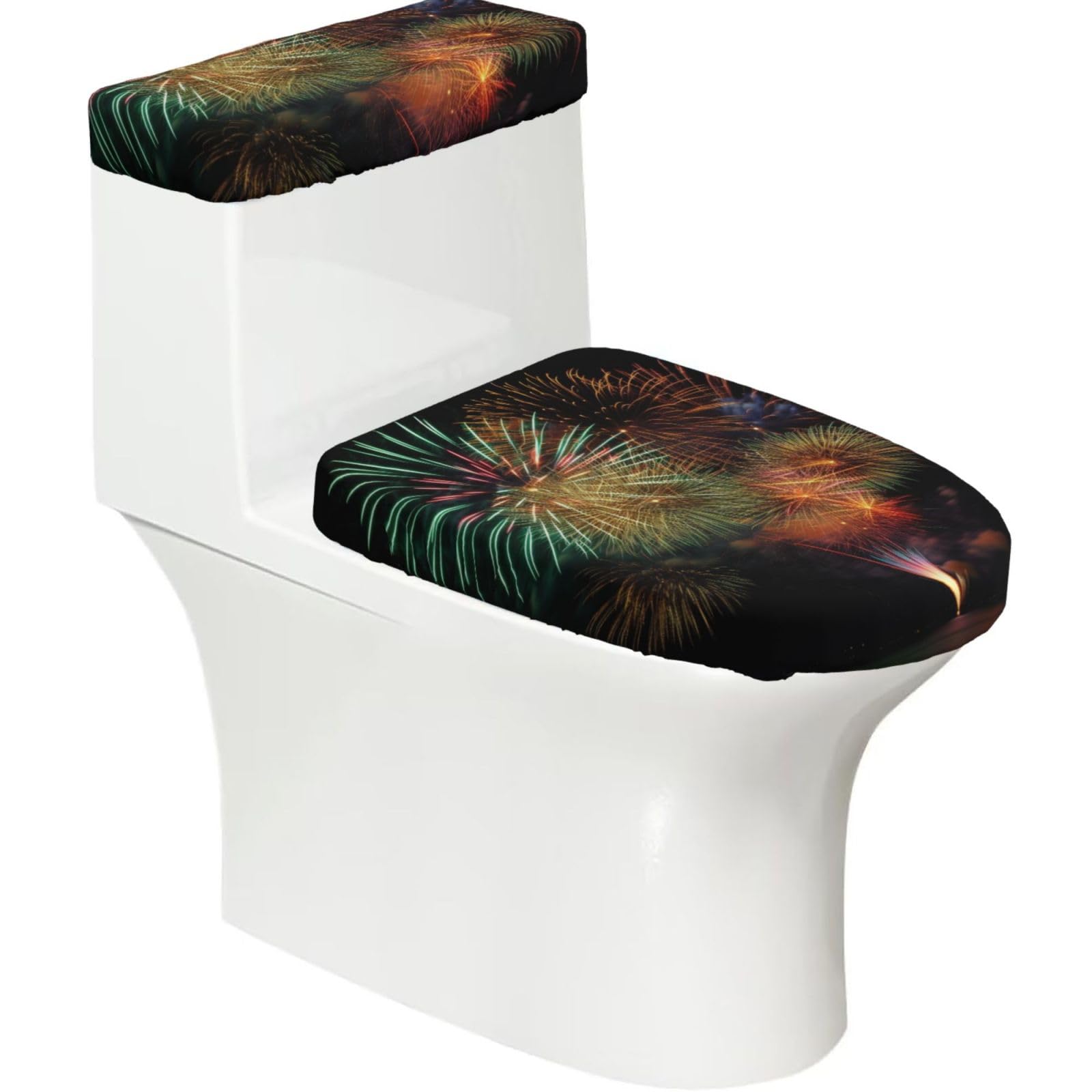 FekiLoot Fireworks Toilet Lid Cover and Toilet Tank Cover Set of 2,Dust Splash Resistant Toilet Top Covers Soft Washable Toilet Lid Seat Cover for Bathroom Office Home Decor