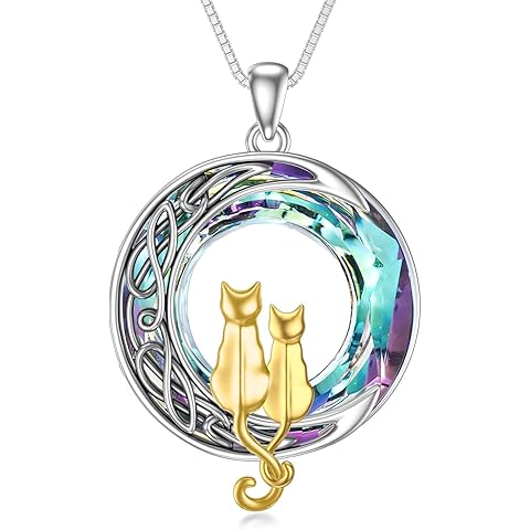 TOUPOP Christmas Cat Gifts for Cat Lovers One Two Three Four Cats Necklace Sterling Silver Cats on the Moon Pendant Necklace with Blue Circle Crystal Birthday Christmas Celtic Jewelry Gifts for Women