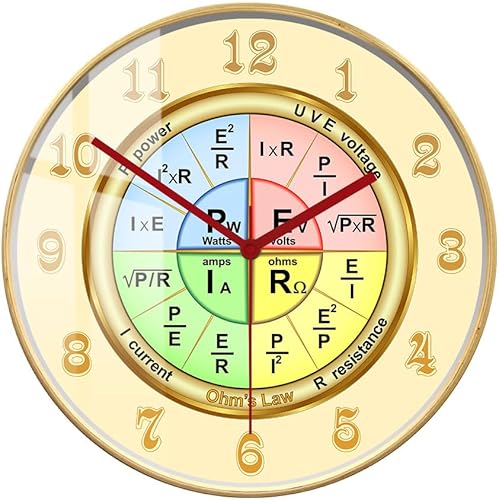 Reloj de pared de 12 pulgadas con leyes de Ohm, moderno, decorativo, silencioso, de cuarzo, sin tictac, funciona con pilas, para escuela, aula,