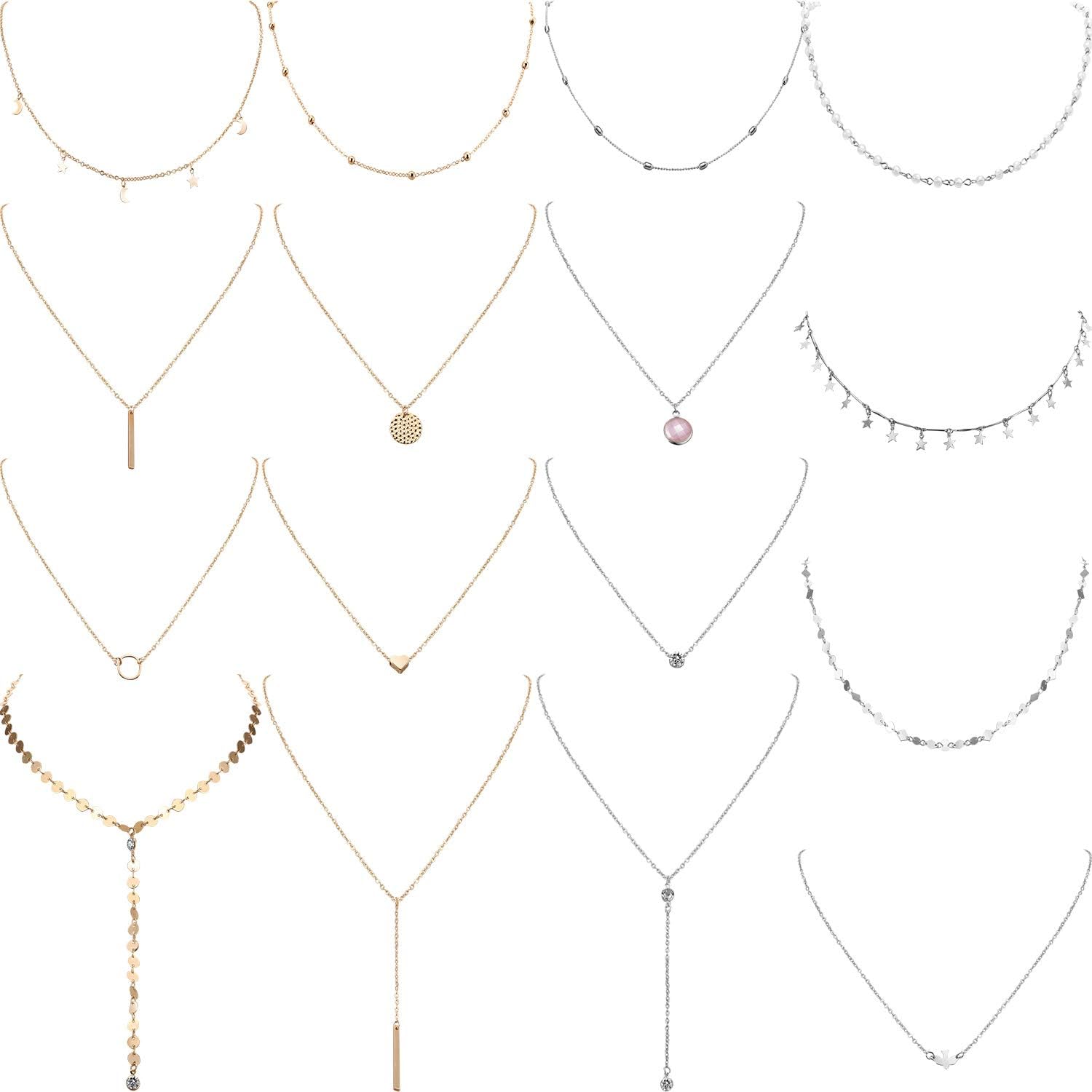 Yaomiao16 Pieces Layered Choker Necklace Adjustable Pendant Necklace Moon Sequins Choker Multilayer Chain Necklace Set for Women Girls