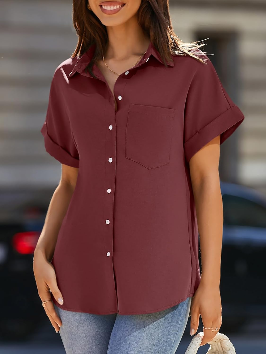 Beautife Womens Short Sleeve Shirts V Neck Collared Button Down Shirt Tops with Pockets - Image 2