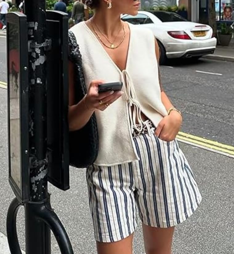 レディーストレンディタイフロントベストトップカジュアルかぎ針編みセーターベストノースリーブクルーネックオープンフロントニットY2kカ