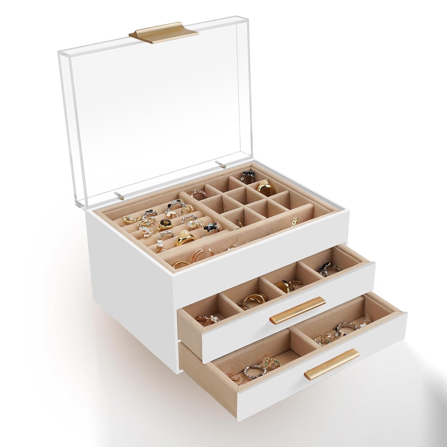 Acrylic Jewelry Box Three-Layer Jewelry Organizer with 360 Transparent Lid Suitable for Earrings Rings Bracelets Necklaces Stud Earrings