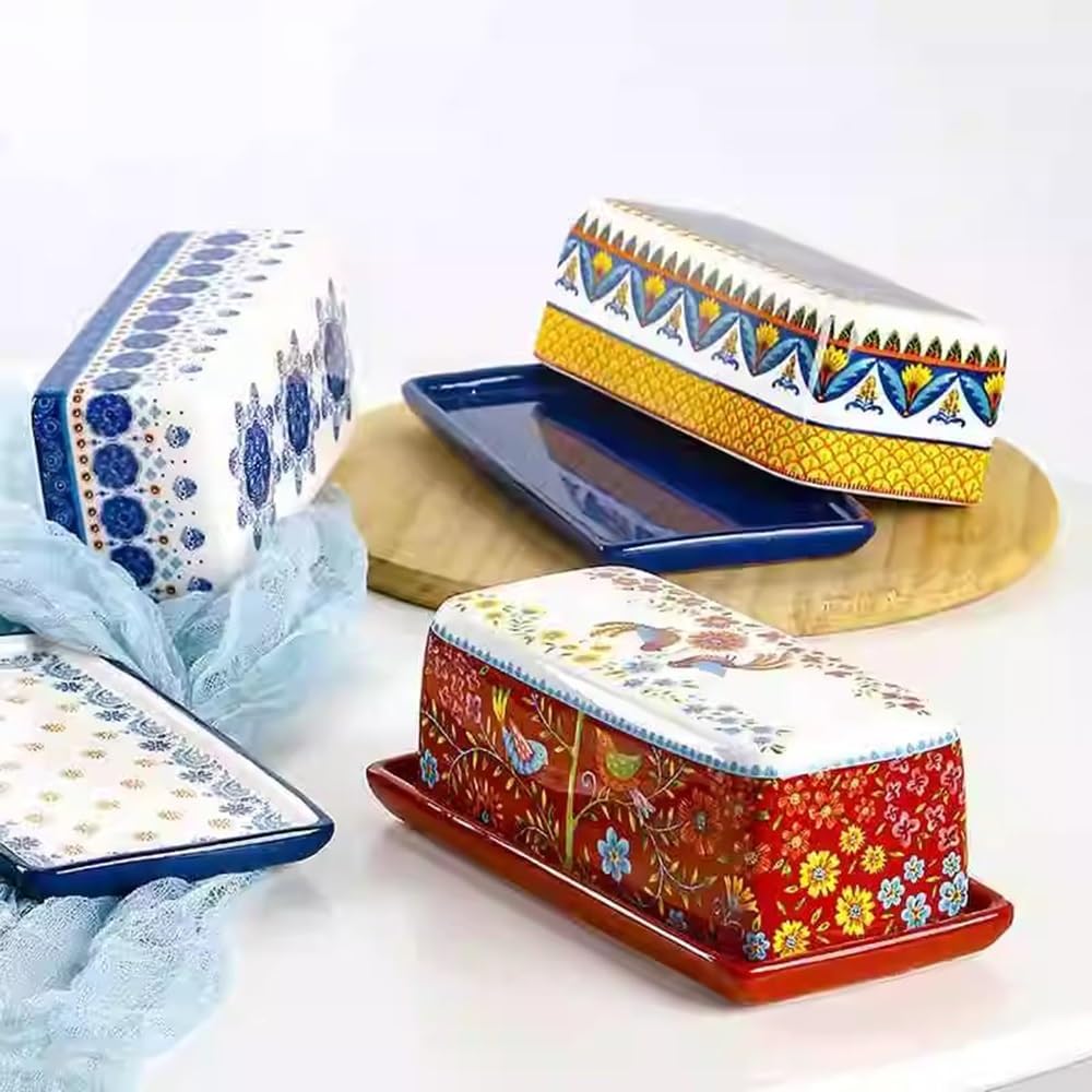 Butter Dishes Ceramic Butter Box European Tableware with Lid Beef Oil Pan Yellow Oil Pan Cheese Box Storage Butter Storage(Blue)