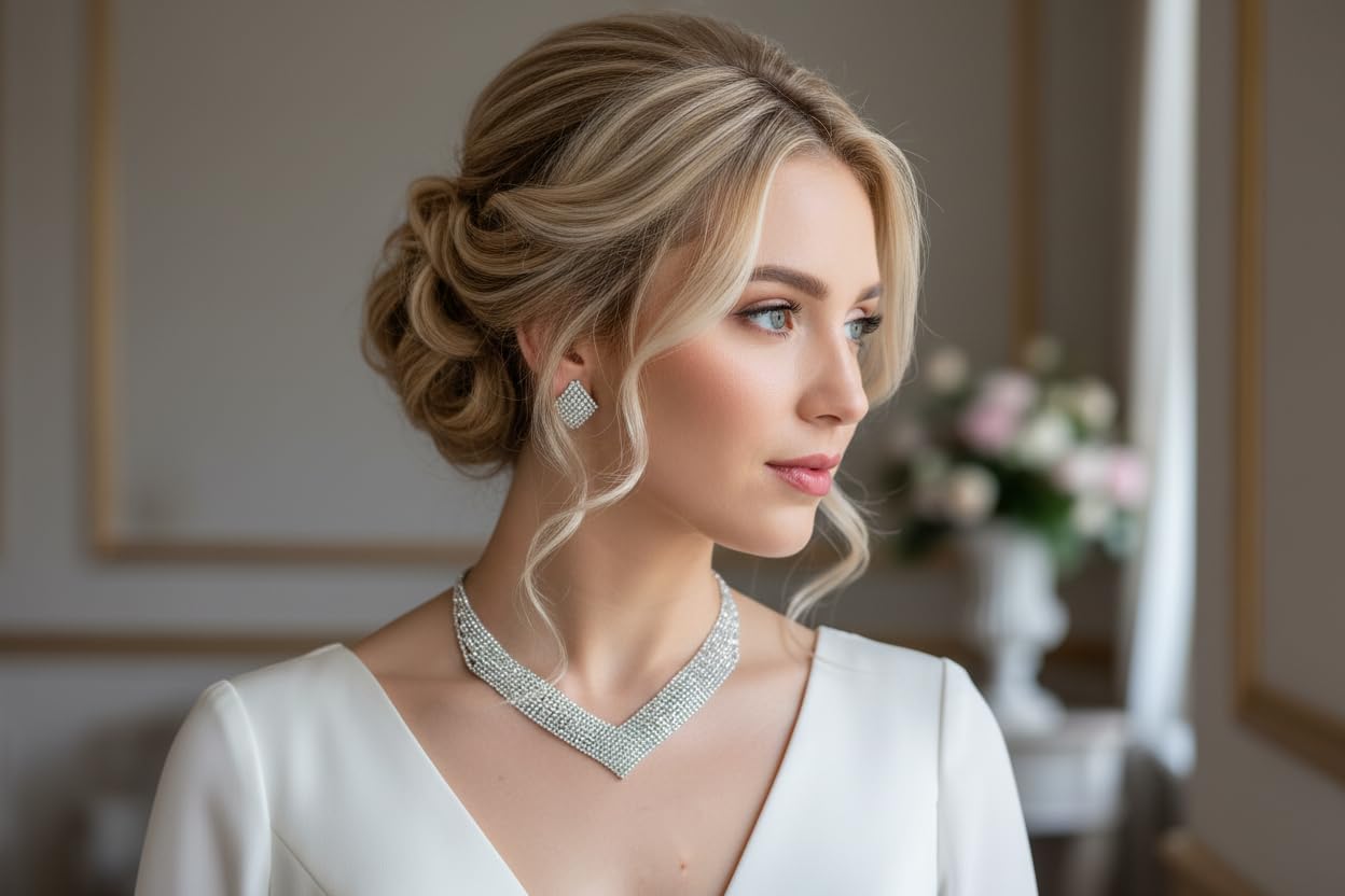 XXL Schmuckset Damen Silber – 3-teiliges Strass Collier Halskette Ohrringe & Armband – Glitzertraum Brautschmuck für Hochzeit Abiball Jugendweihe Kommunion Ball