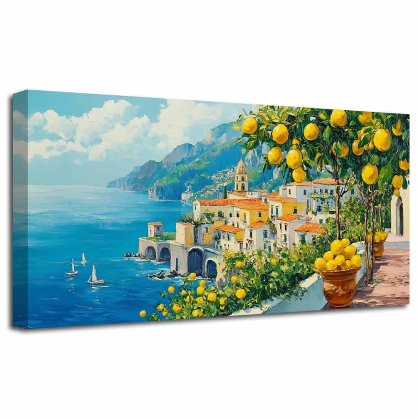 LZIMU Large Italy Coast Canvas Wall Art Yellow Lemon Kitchen Pictures Blue Nature Seascape Painting Prints Summer Italian Coastal Poster Lemon Tree Artwork Home Decor (White, (40L x 80W cm))