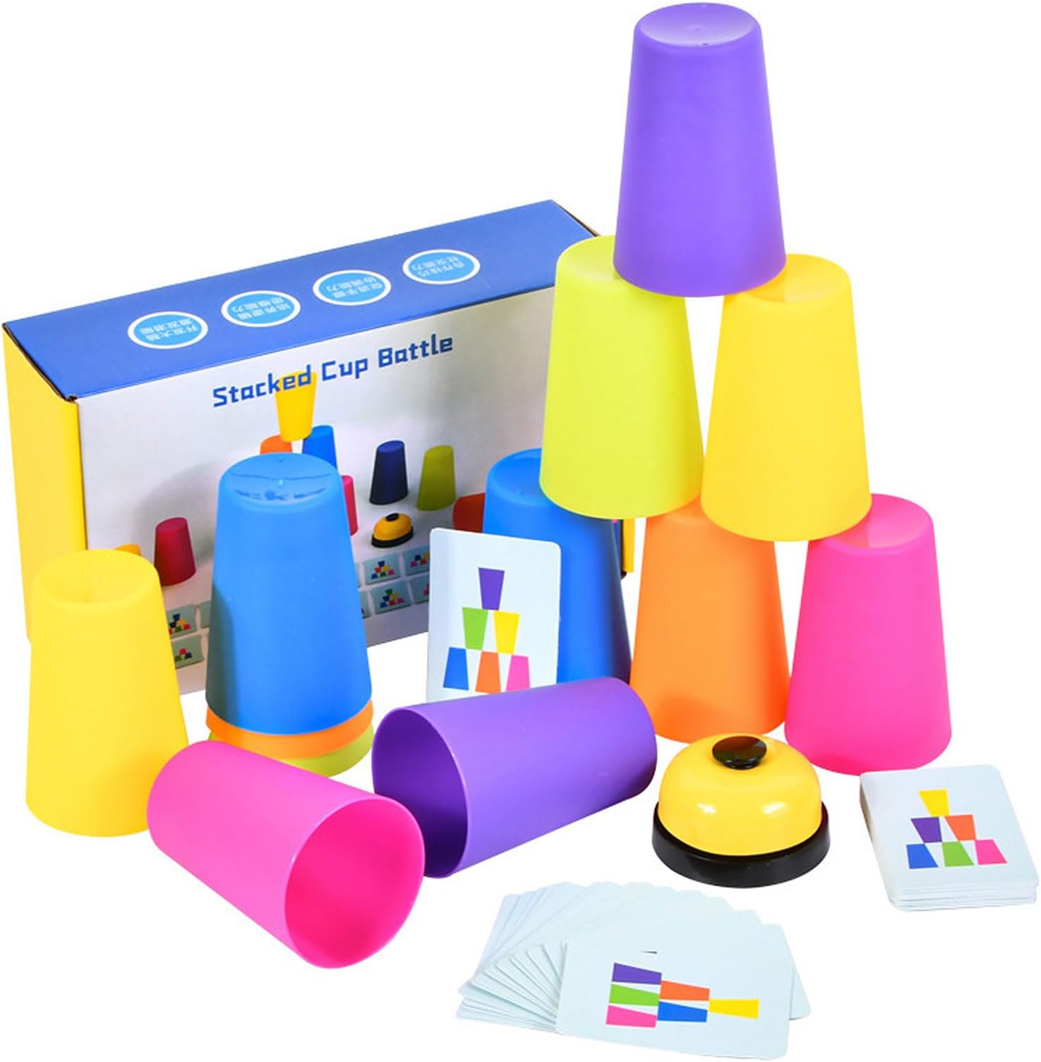 – Quick Cups Game，Stacking Cups Toy Educational Toys，Classic Speed Match Cups Games for Parent-Child Interactive Stacking Cups Game with 50 Picture Cards, 12 Cups and Bell