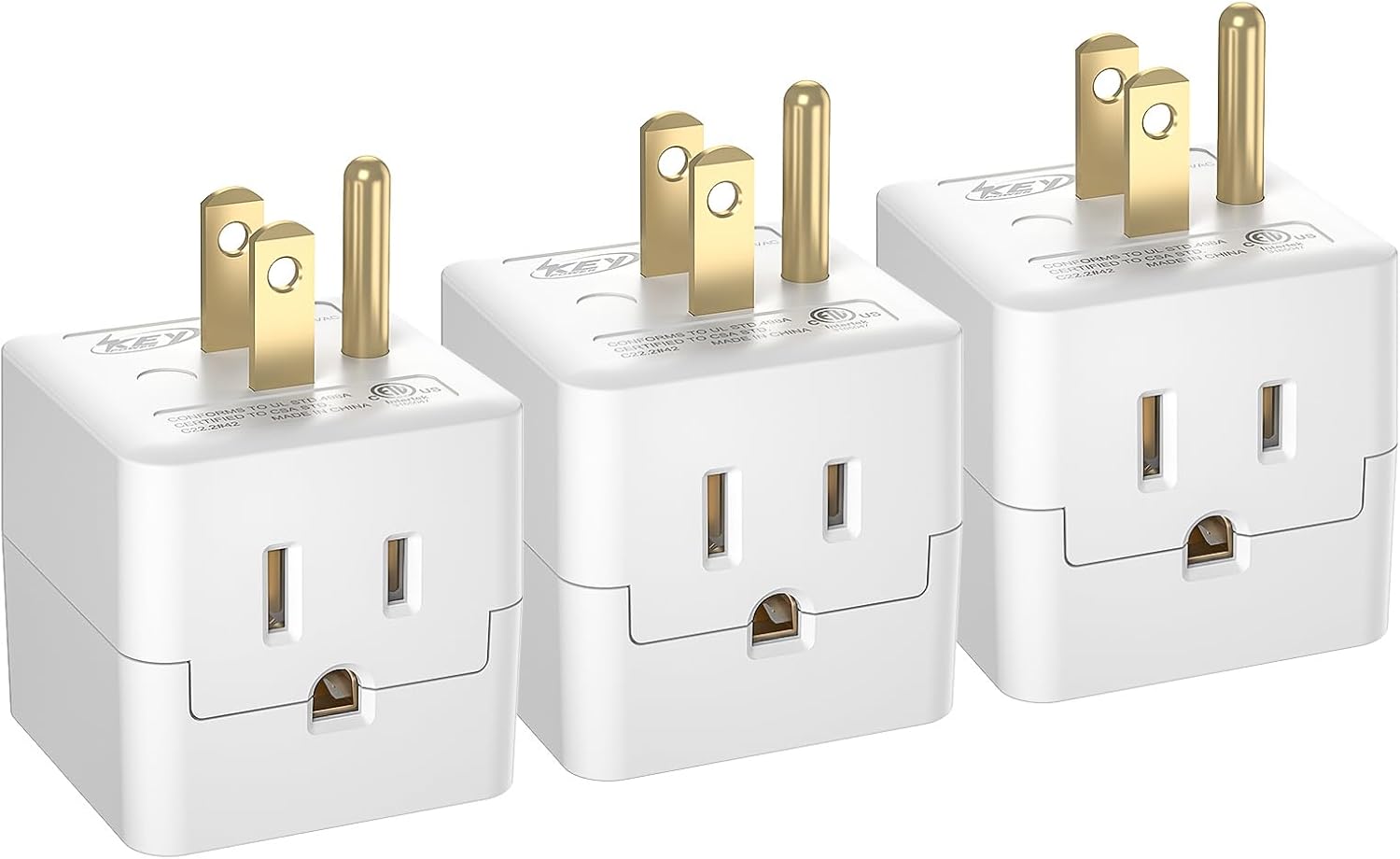 [ETL Listed] 3-Pack 3 Outlet Wall Adapter, Grounded 3-Prong Cube Tap Outlet Power Splitter, Compact 3-Way Plug Adapter for Home, Office or Travel.
