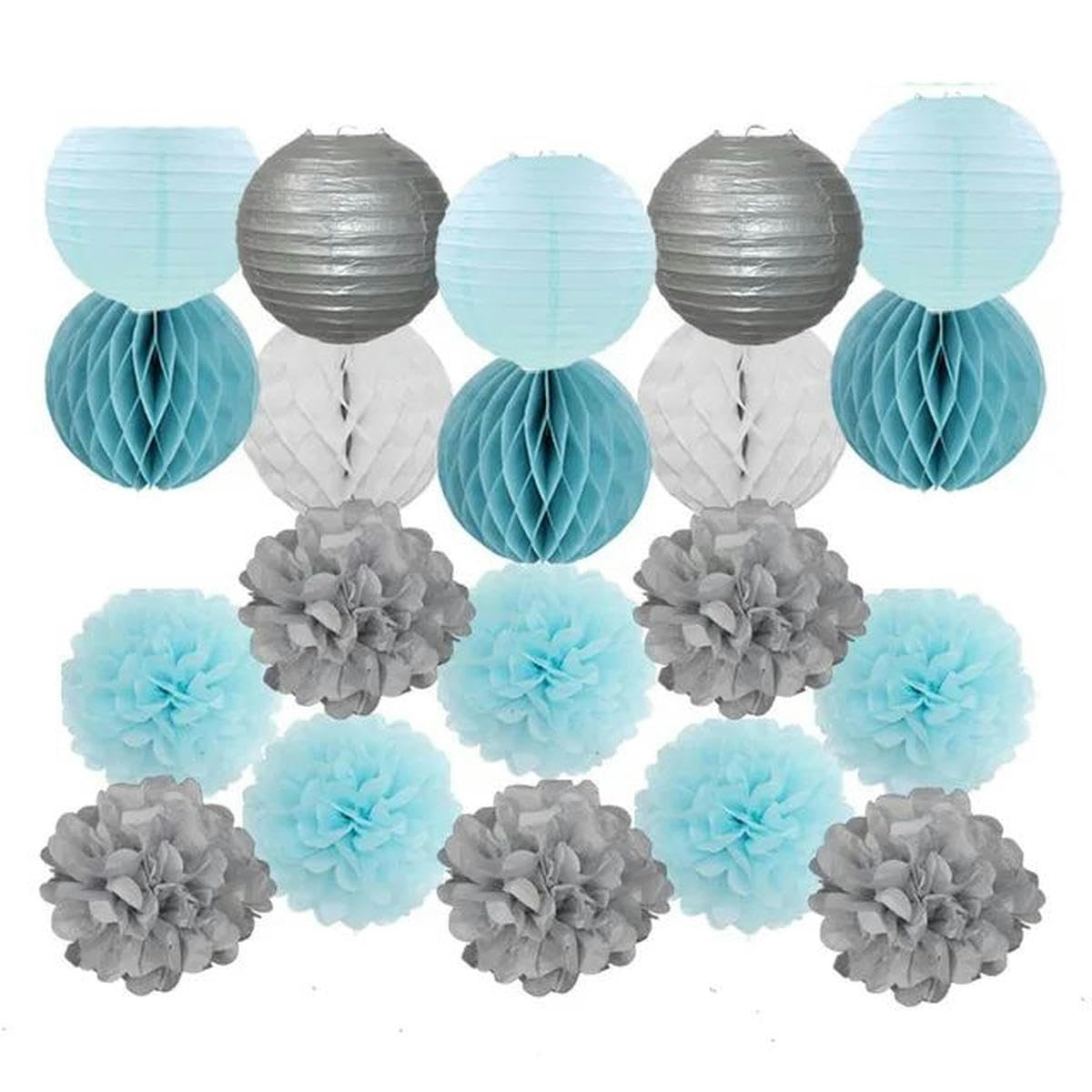Hochzeitsgeschenk, weißes Set, 15,2 cm, 20,3 cm, 25,4 cm, 30,5 cm, rund, Papierlaternenball, Wabengewebe, Pompom, rosa, blaues Dekor, Silberblau, M, 25 cm (10 Zoll)