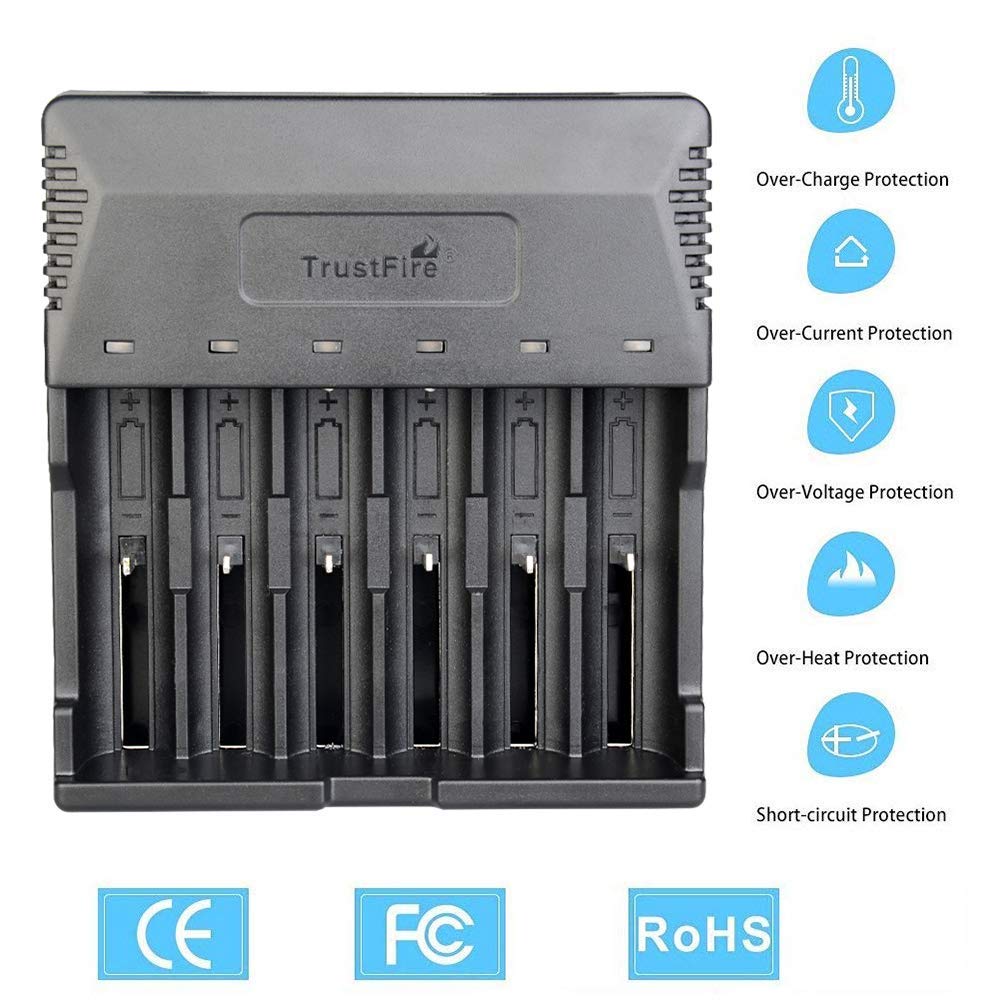 TrustFire TR-012 Chargeur de batterie universel intelligent 6 compartiments de charge pour batteries Li-ion rechargeables 3,7 V 18650 14500 18350 16340 10440