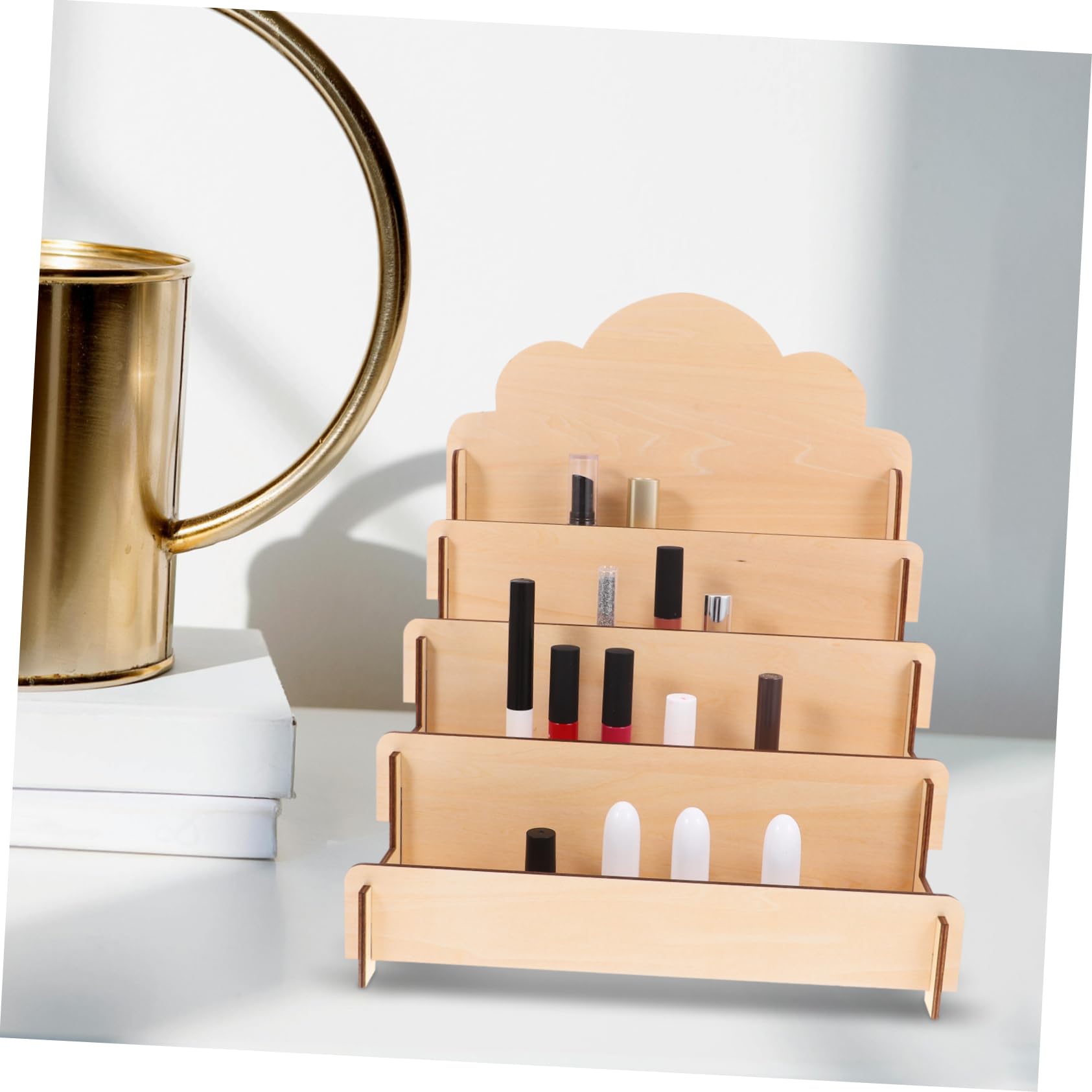 Expositor de Tarjetas de Madera Beige Niveles para Mostrador | Organización en Sobremesa, Estructura Escalonada, Diseño Simple Moderno