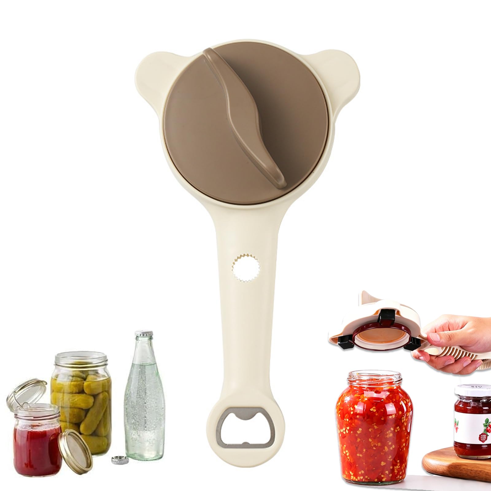 Apribarattoli 4 in 1 Multiuso, Apriscatole Manuale Regolabile con Denti Antiscivolo, Apribarattoli per Anziani con Manico Lungo, Utensile da Cucina Ergonomico per Barattoli e Bottiglie