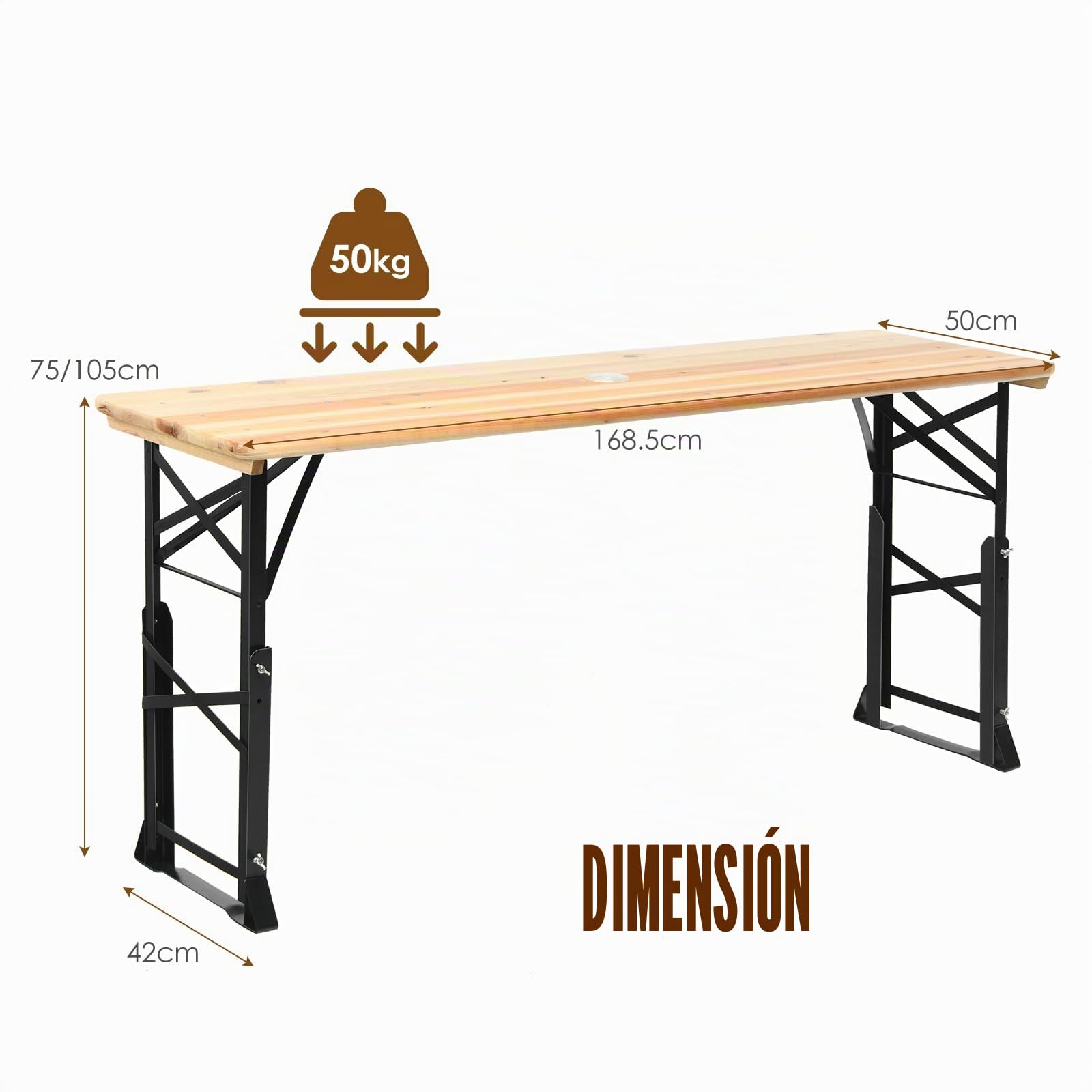 KOMFOTTEU Mesa Plegable de Camping de Madera Maciza, Mesa de Picnic con Orificio de Sombrilla y Altura Ajustable, para Jardín, Terreza, Picnic, Fiesta, 168,5 x 50 x 75/105 cm