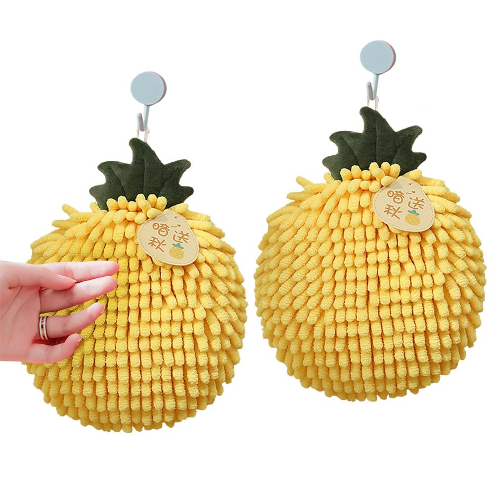 VIVASIGHT 2 Pack Fuzzy Ball Hand Towels Soft Absorbent Chenille Ball Towel Sets, Cute Decorative Hand Dry Towels with Hanging Loops for Kitchen Bathroom (2, Yellow)