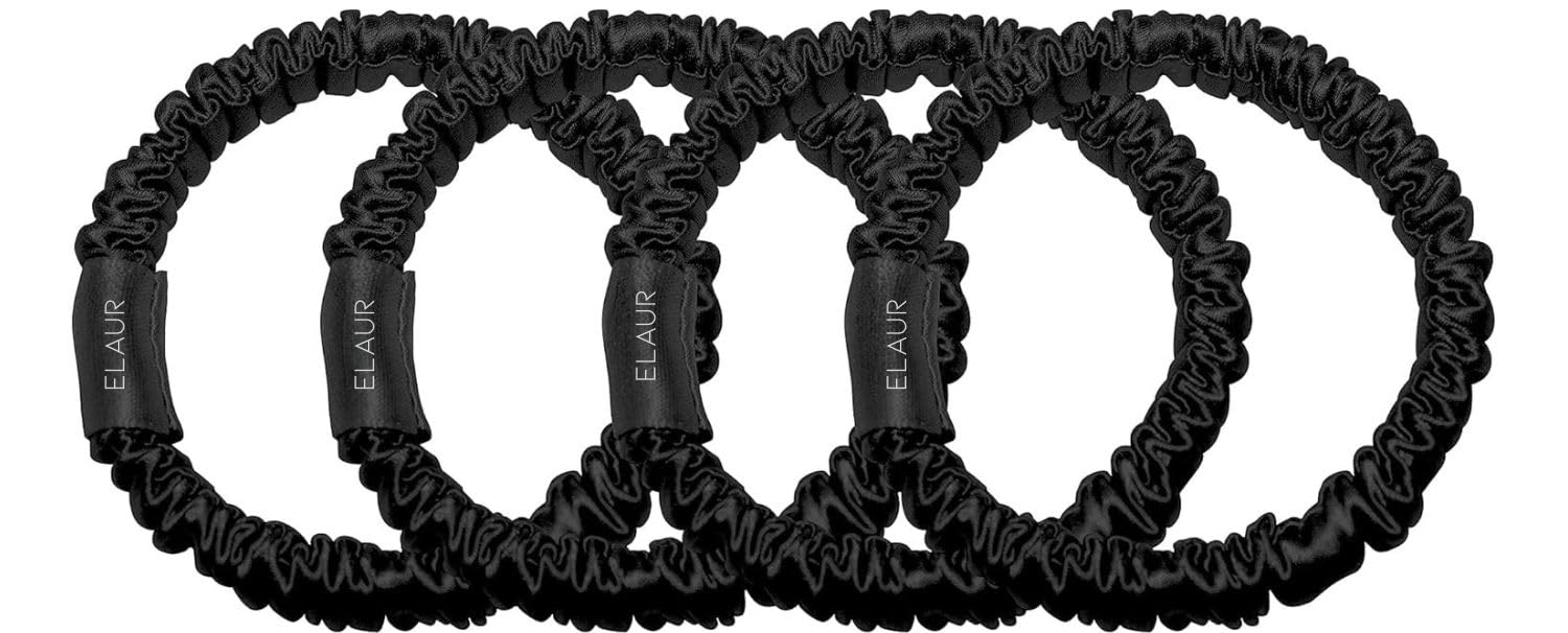 Elaur Silk Scrunchies, 100% Pure Mulberry Hair Ties 22 Momme Anti Hair Loss No Breakage Anti Crease Anti Frizz Hair Accessories Black Elastic Hair Band for Women Girls Hair Care 4Pcs (Black)