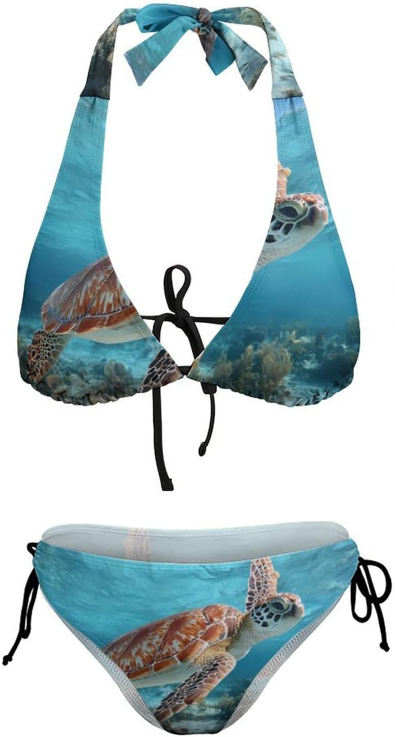 Sea Turtle Swimming Novelty Women's 2 Piece String Bikini Set Swimsuits Bathing Suit Swimwear
