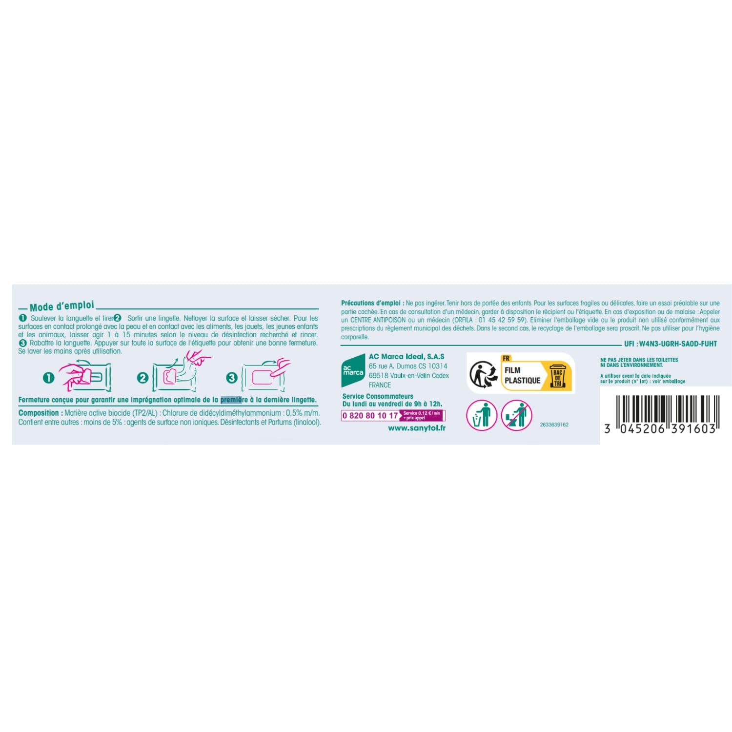 Sanytol Lingettes Désinfectantes WC Lot de 3 x 72 Bactéricide Virucide Fongicide Sans Javel Fabrication Française