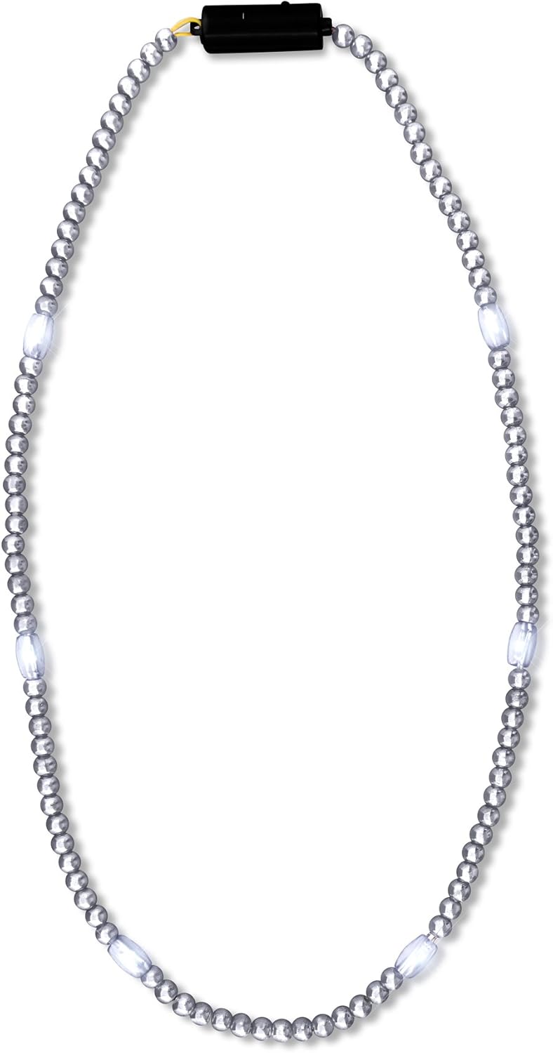 FlashingBlinkyLights Silver Light Up LED Mardi Gras Bead Necklaces (Set of 12)