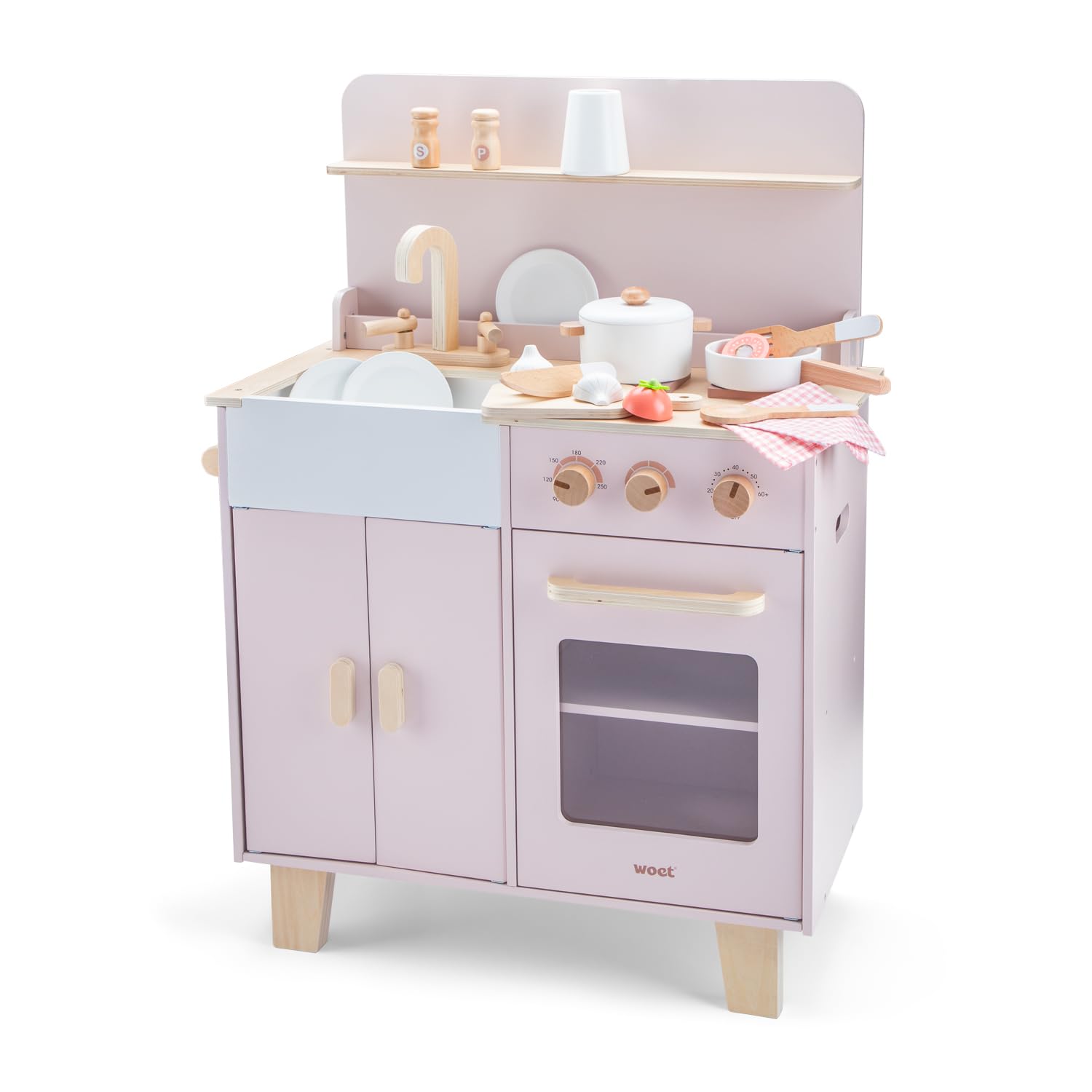 Woet® Cocina de Juguevo en Madera Beige para Niños - con Horno, Fregadero y Accesorios - Set de Cocina de Imitación - A Partir de 3 Años (Rosa)
