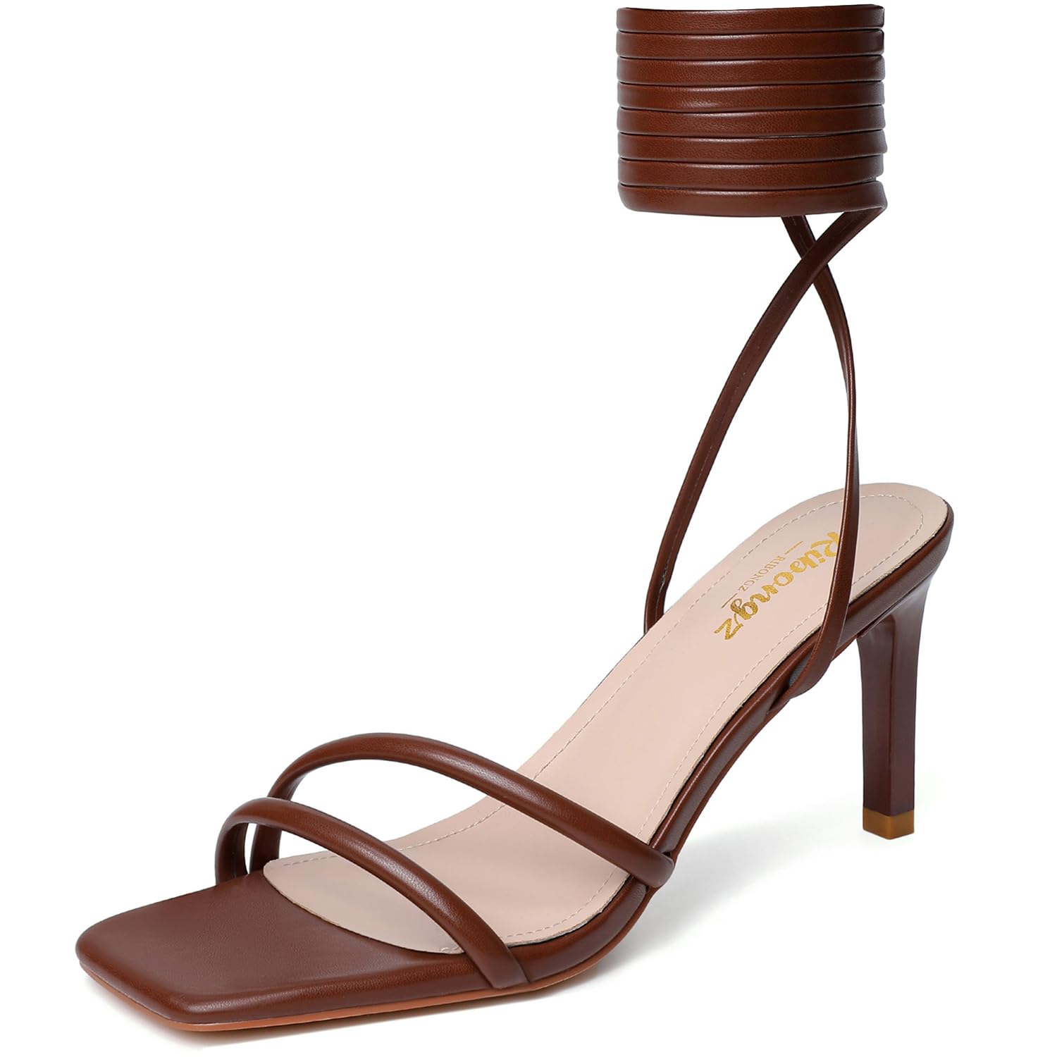 RIBONGZ Strappy Heels for Women Square Open Toe Tie Up Sandals Ankle Strap Lace Up Stiletto High Heels Sexy for Wedding Prom Party Comfort Dress Shoes
