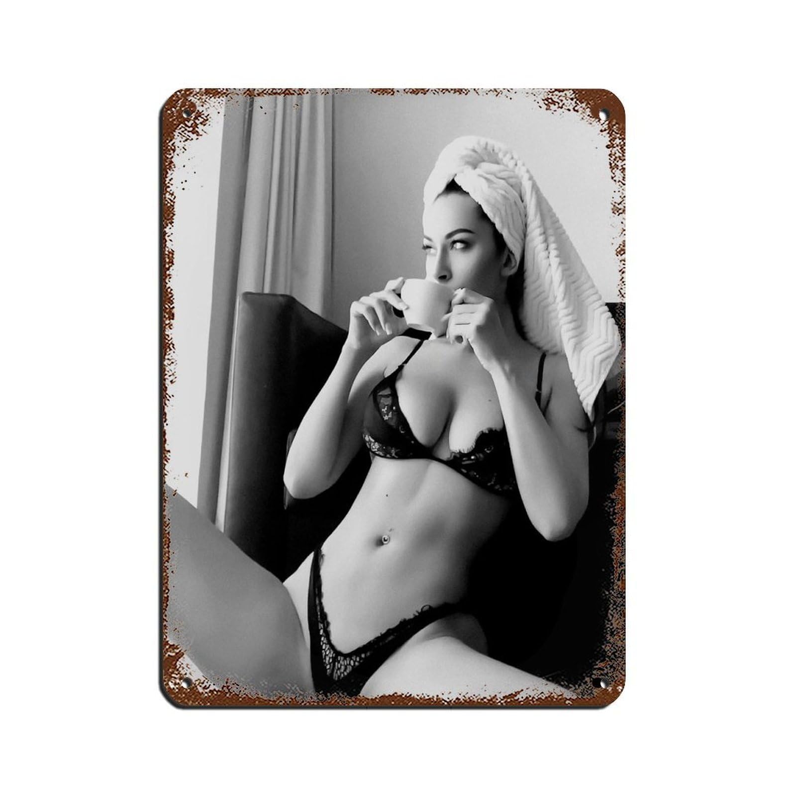 Woman in Bikini Drinking Coffee Tin Sign Vintage Metal Pub Club Cafe Bar Home Wall Art Decoration Poster Retro 12x16inch(30x40cm)