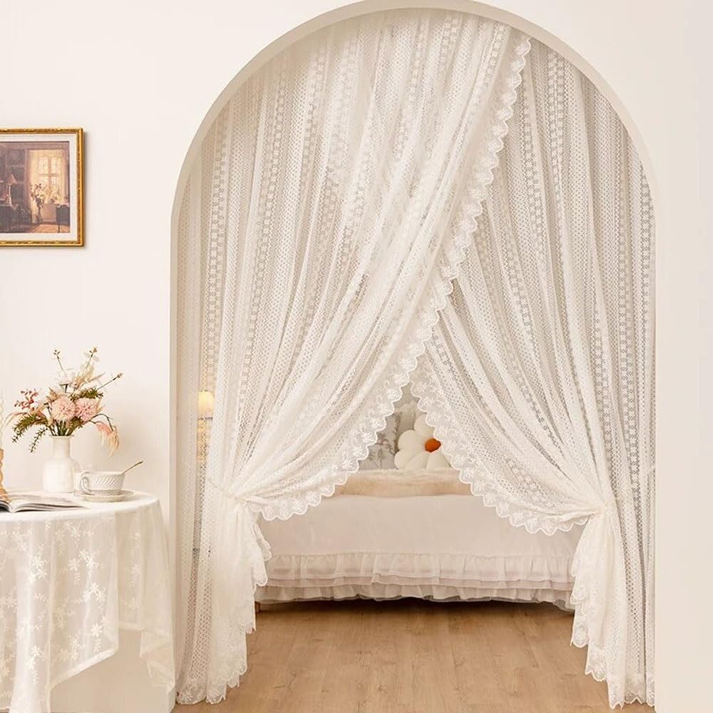 Lot de 2 Rideaux en Dentelle Blanc, Rideau Voilage Romantiques Français Filtrant la Lumière Passe-Tringle Bords Festonnés pour Salon Chambre(WxH160x130cm/63x51inch)