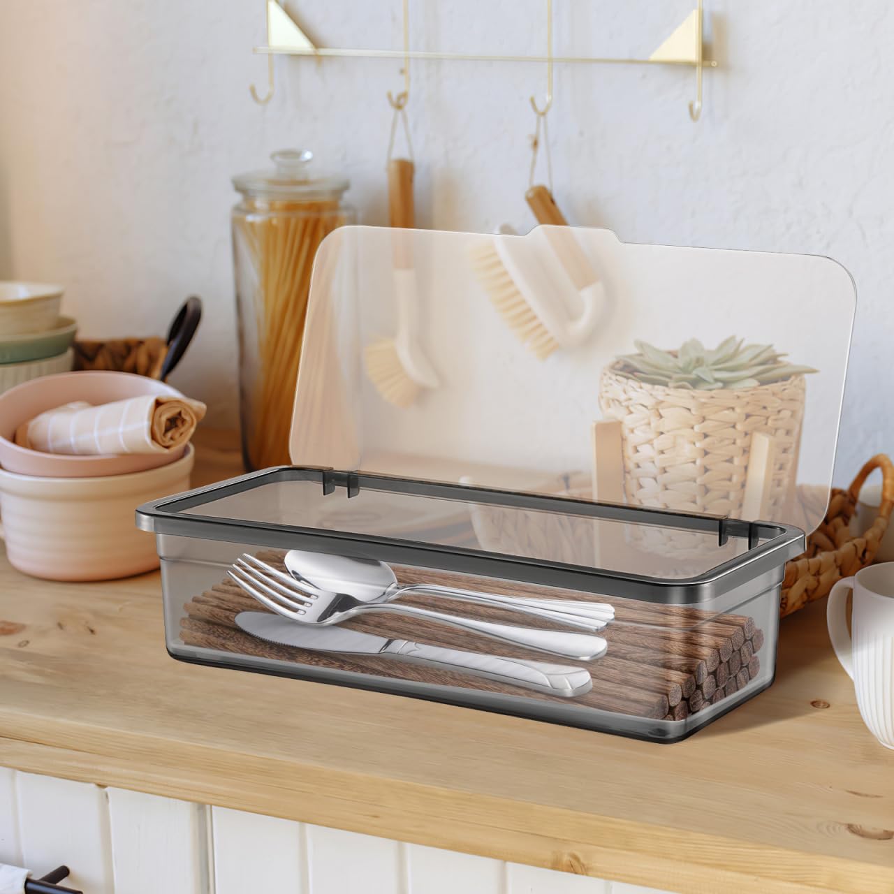 DOITOOL Portaposate Con Coperchio, 3 Pezzi Contenitore Porta Posate Da Cassetto per Cucina, Organizer per Cassetto per Forchette, Organizer Posate Con Coperchio