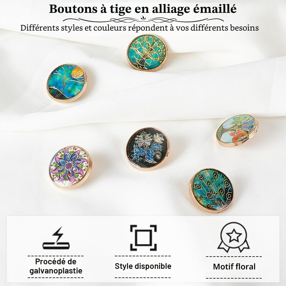 OLYCRAFT 24Pcs 6 Styles Boutons en alliage émaillé pour blazer en métal avec thème végétal 20x8mm Boutons de manchette vintage en forme d'arbre à fleurs pour Blazer Manteau Uniforme et Veste