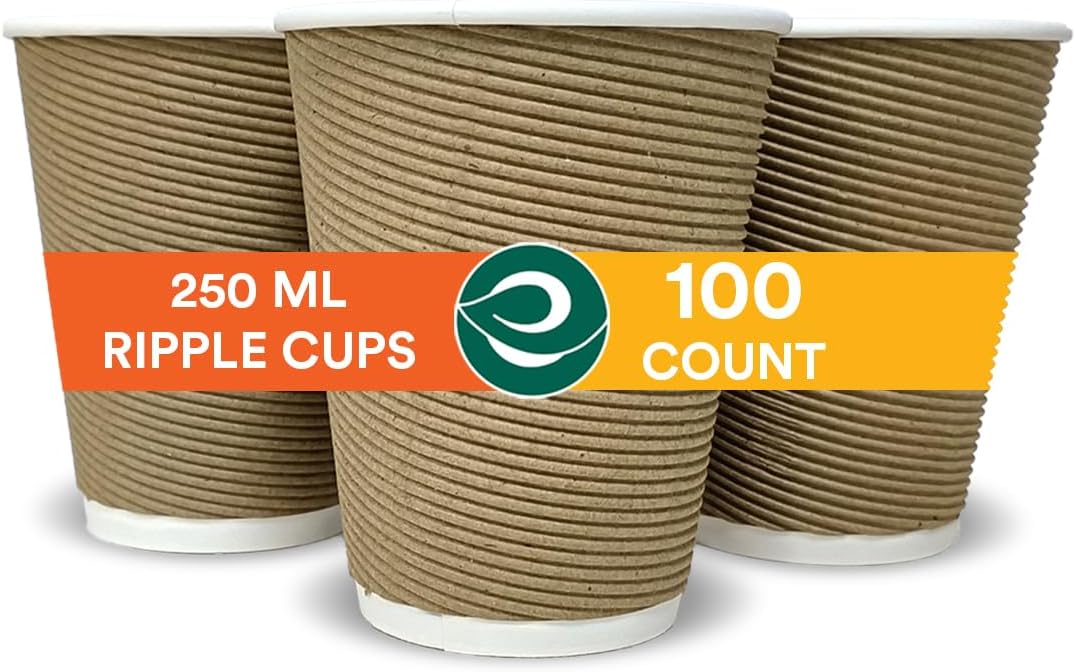 Eco Soul | 250 ml Paper Ripple Cups – Pack of 100 | Biodegradable Paper Cups | Ripple-Wall, Sturdy, Insulated Disposable Paper Hot Cups in Small Size for Coffee, Tea & Office Use (Brown)