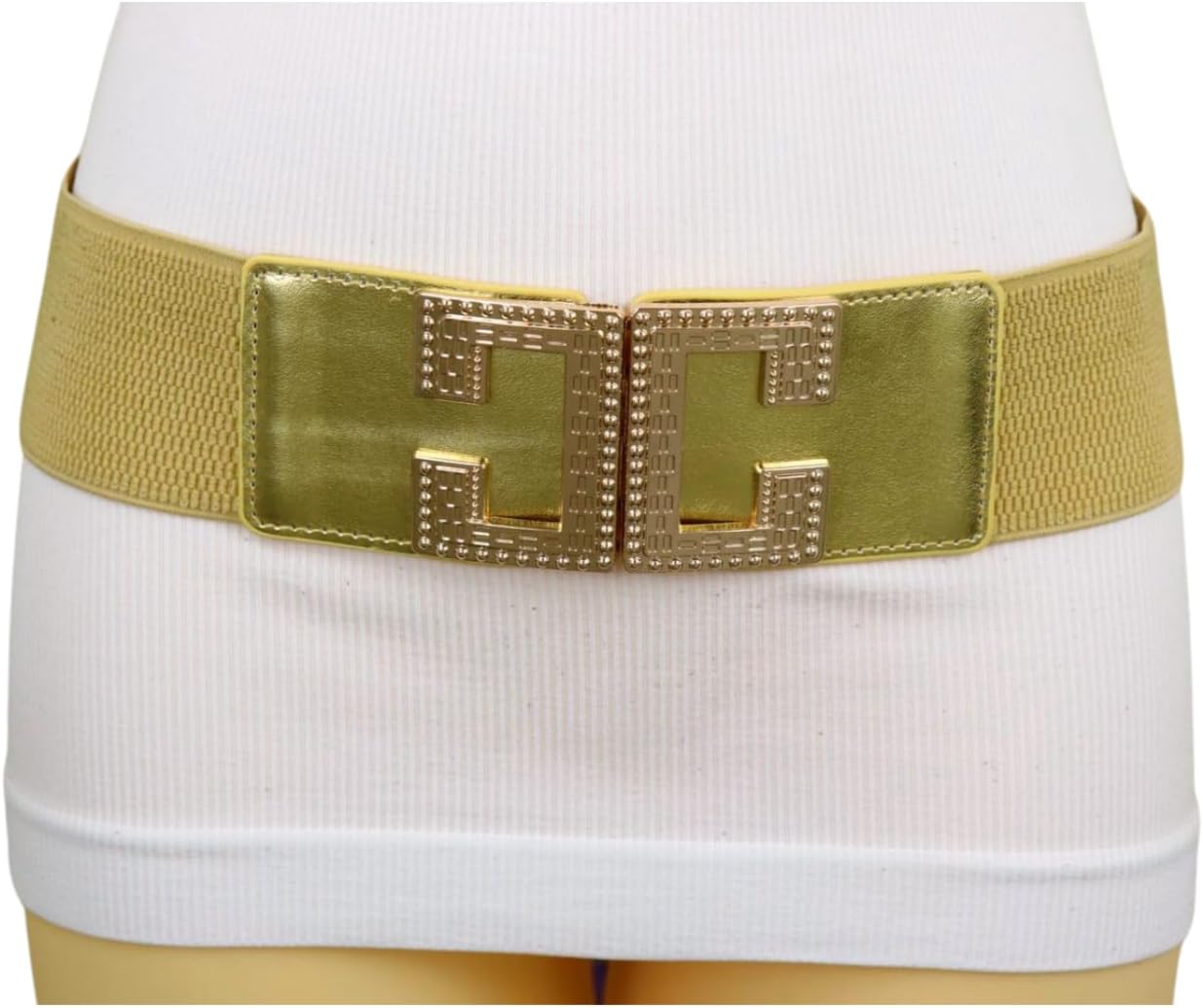 Generic Women Gold Elastic Fashion Belt - Hip High Waist Wide Faux Leather Metal C Buckle S M z084