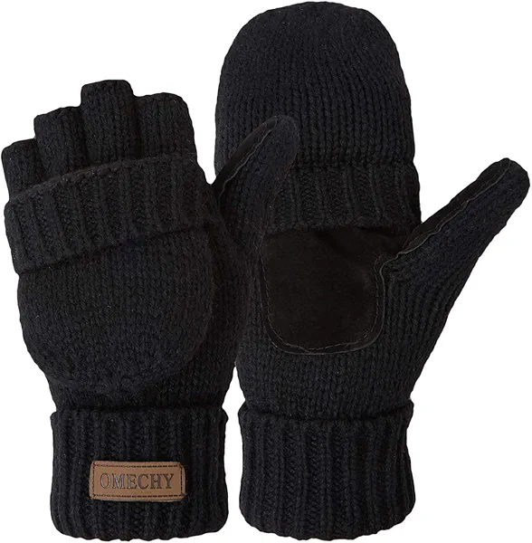 OMECHY Winter Knitted Fingerless Wool Gloves Thermal Insulation Warm Convertible Mittens Flap Cover for Men Women