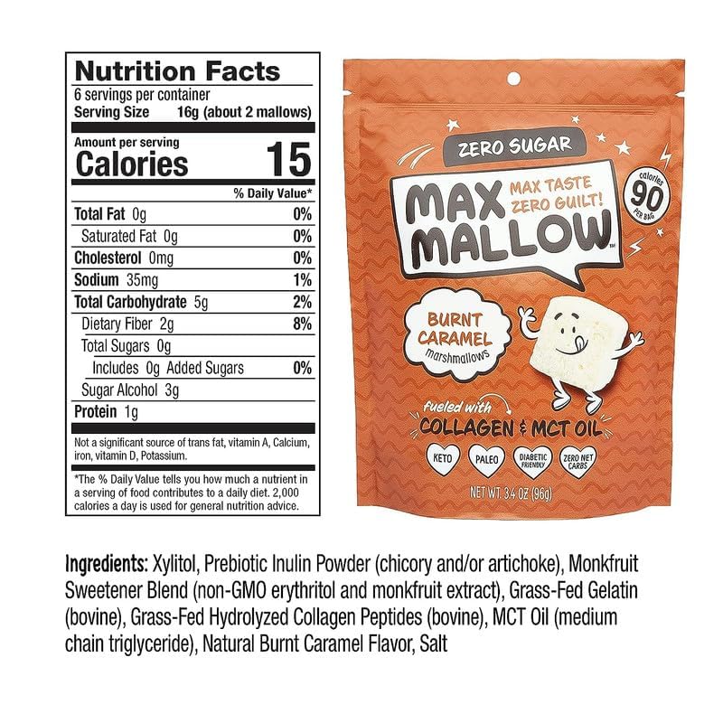 Miniatura 7 de Know Brainer Max Mallow Burnt Caramel  Malvaviscos sin culpa y sin azúcar - Bajo en carbohidratos, cero grasa, sin gluten y cetogénico  Malvavisco