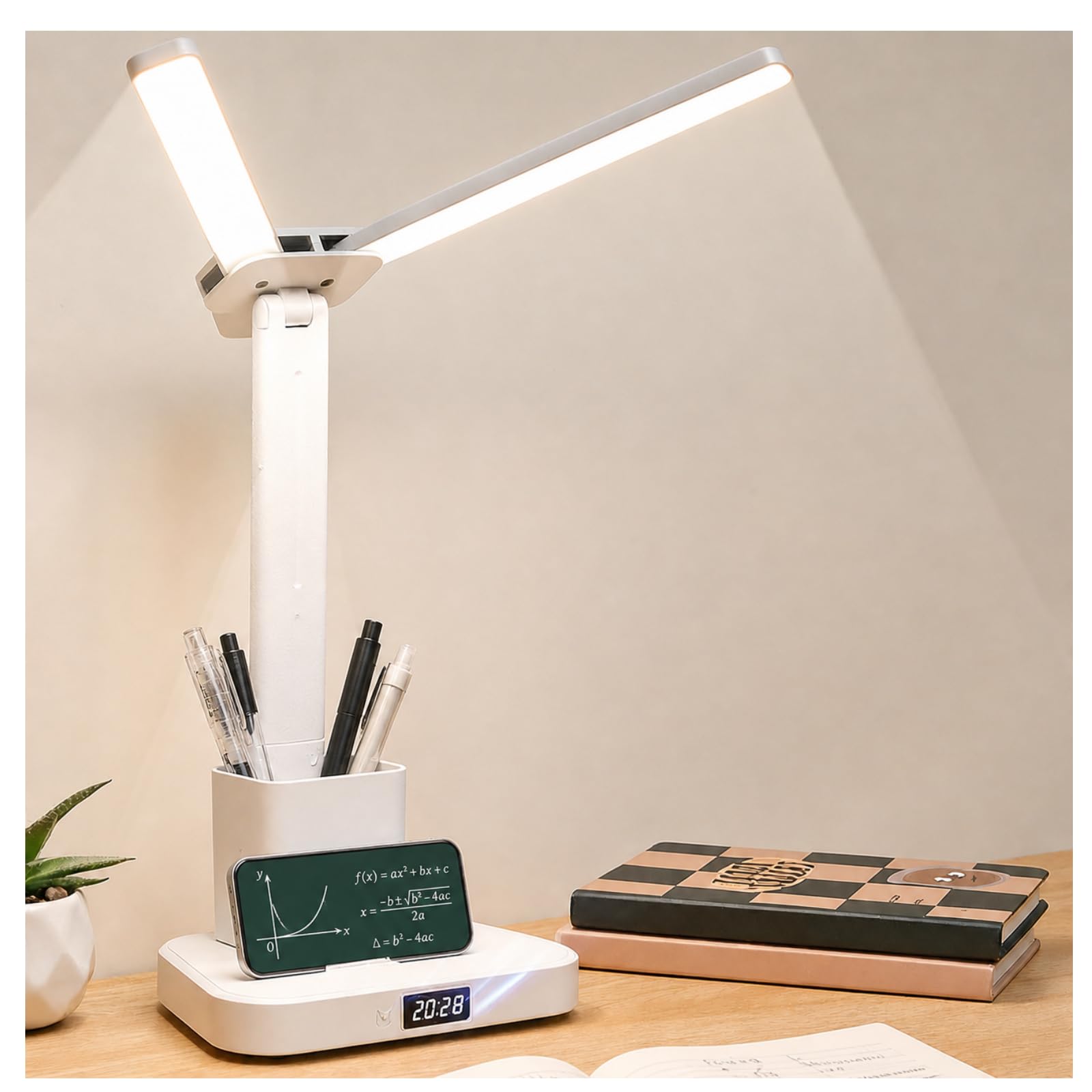 SIMDAO Dual Swing Arm Desk Lamp with LCD Clock, Stepless Dimming Table Lamp with Pen Holder & Phone Stand, Rechargeable Eye-Caring Reading Light, 3 Color Modes, Desk Lamp for Home Office Study