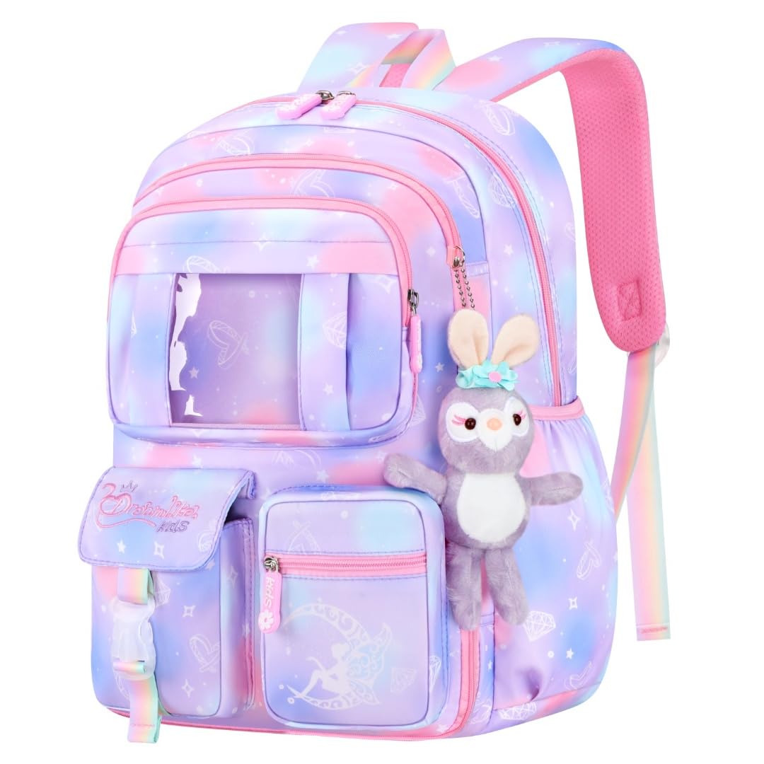 Fivister Girls Backpack,Kids Backpack for Girls Lightweight with Compartment,Girls Bookbag for Elementary Primary School(Purple)