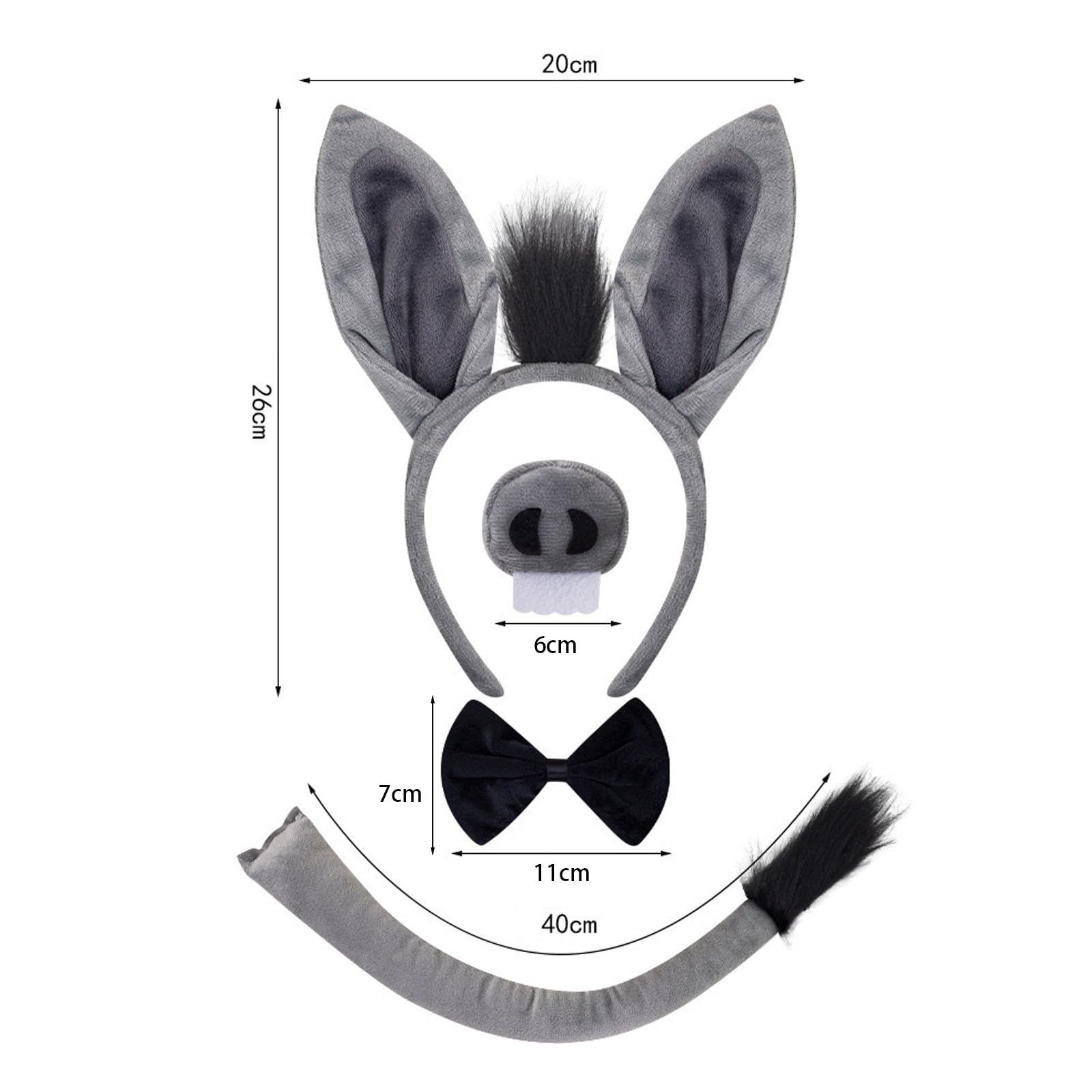 GWAWG Donkey Costume Accessory Set Donkey Ears Headband Tail Nose Bow Tie Animal Costume Fancy Dress for Carnival Halloween Daily Cosplay Parties - Image 2