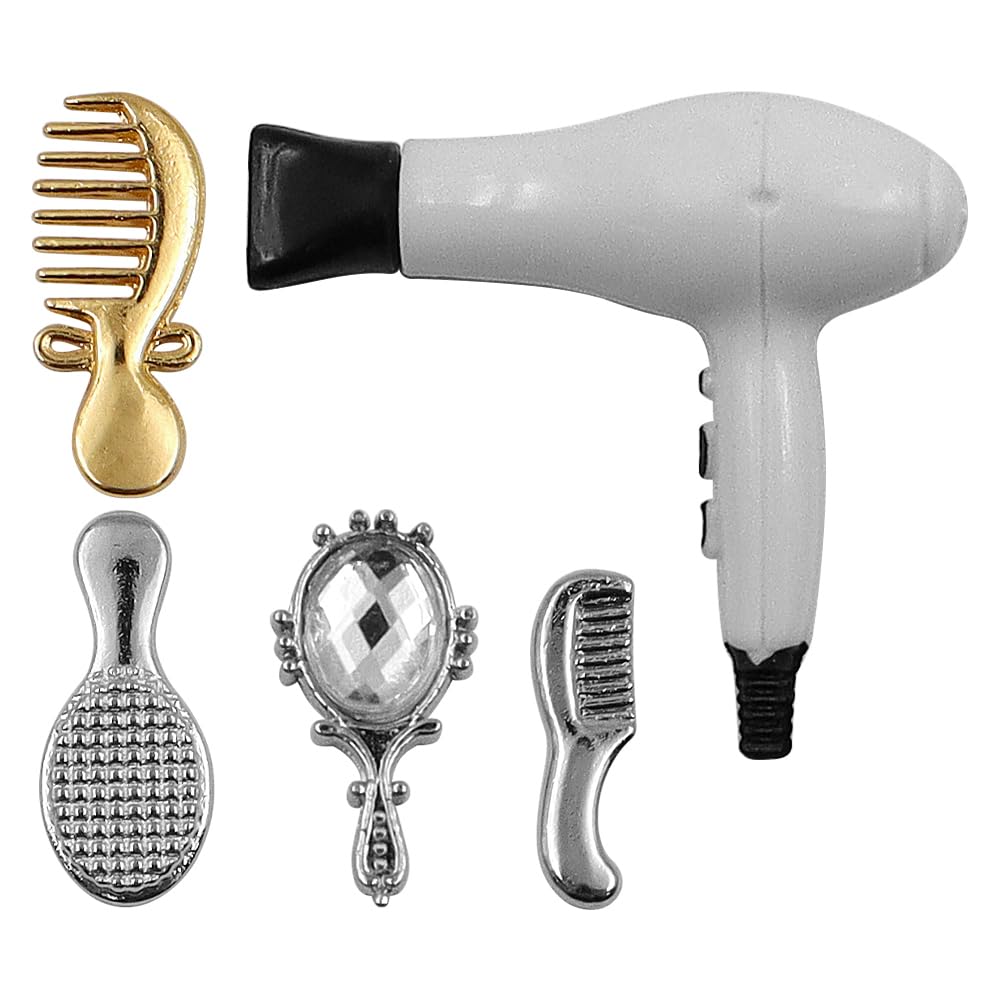 Ieron 1/12 Scale Miniature Bathroom Accessories Kit, Mini Plastic Hair Dryer Brush Comb Mirror Bedroom Vanity Accessory Set for Mini House Bedroom