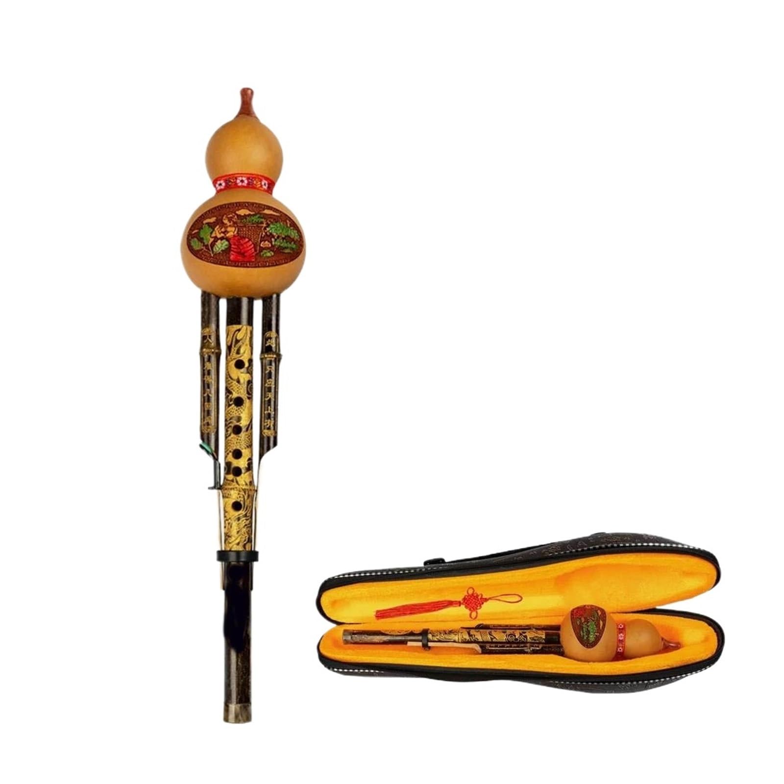 Hulusi Instrumento Flauta China Hulusi C-Major Cámara De Viento Instrumento De Lengüeta Calabaza Tallada Tres Flauta Delgada Con Estuche