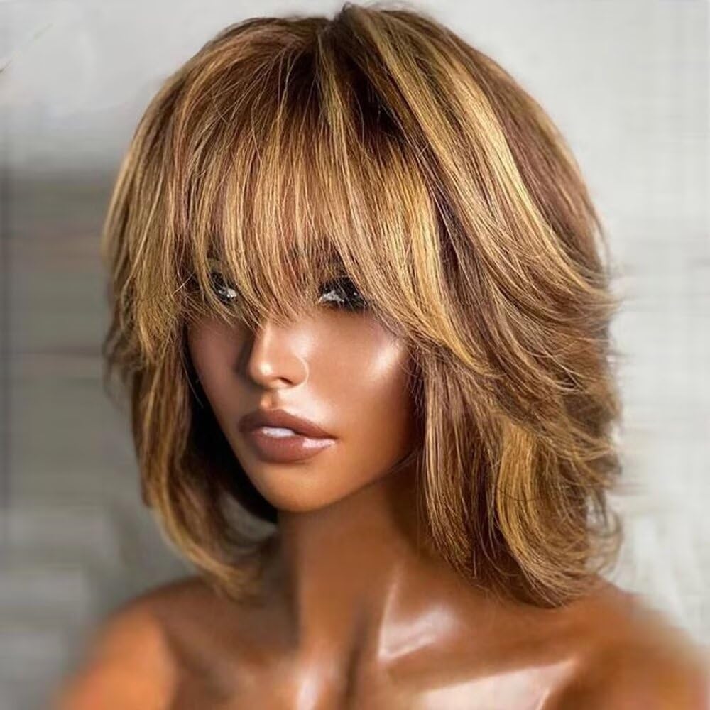 Honey Blonde Highlight Straight Human Hair Short Bob Layered Cut Wig With Bangs Invisible HD Lace Front Wig Pre Plucked Brazilian Remy Bob Wigs For Black Women Glueless Wig 150% Density 10Inch Honey Blonde Highlight Straight Human Hair Short Bob Layered Cut Wig With Bangs Invisible HD Lace Front Wig Pre Plucked Brazilian Remy Bob Wigs For Black Women Glueless Wig 150% Density 10Inch