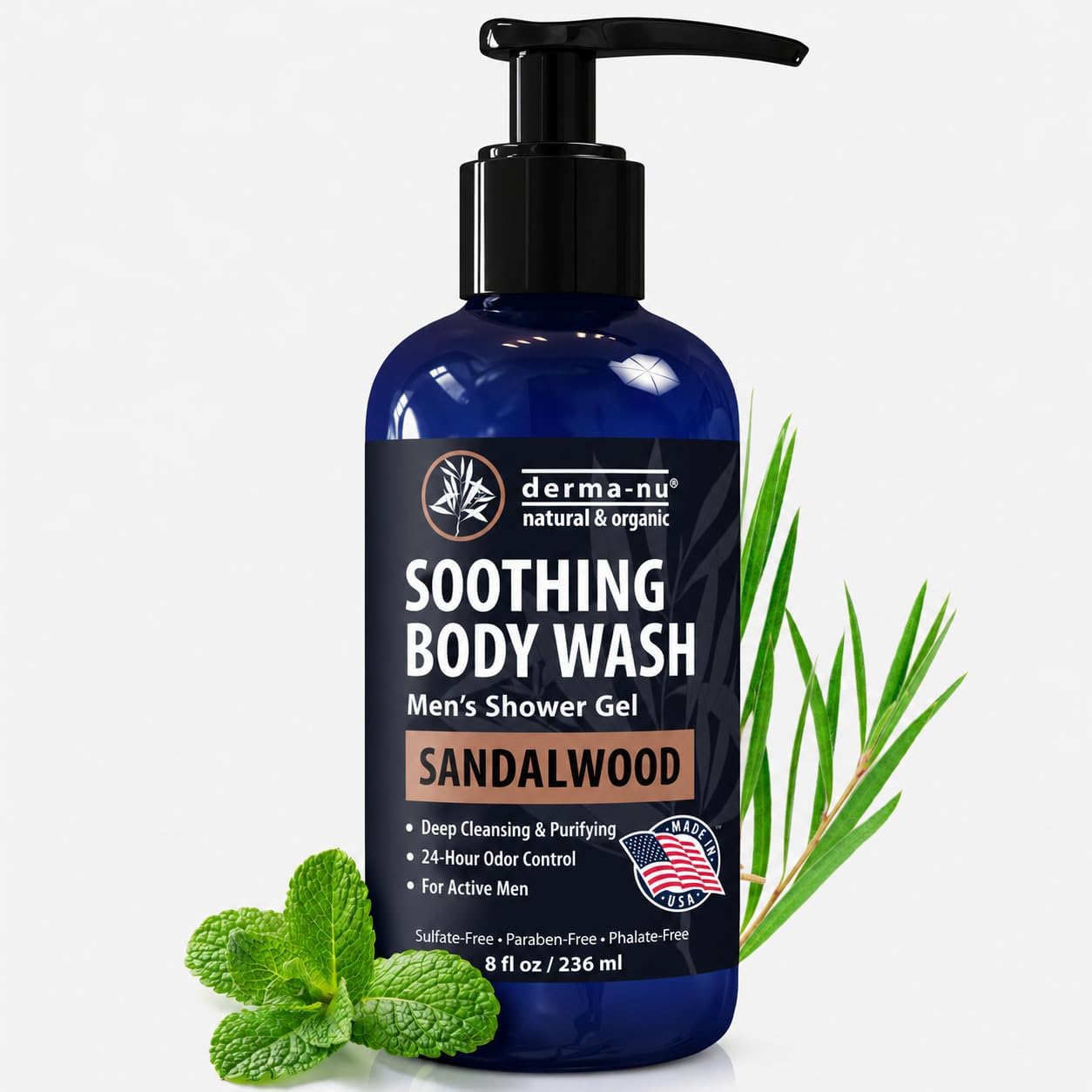 Derma-Nu Men's Body Wash – Bold & Woody Sandalwood Scent Antibacterial Body Wash for Jock Itch, Athlete’s Foot, Eczema & Back Acne – Antibacterial Soap for Men – Safe for All Skin Types – (8oz)