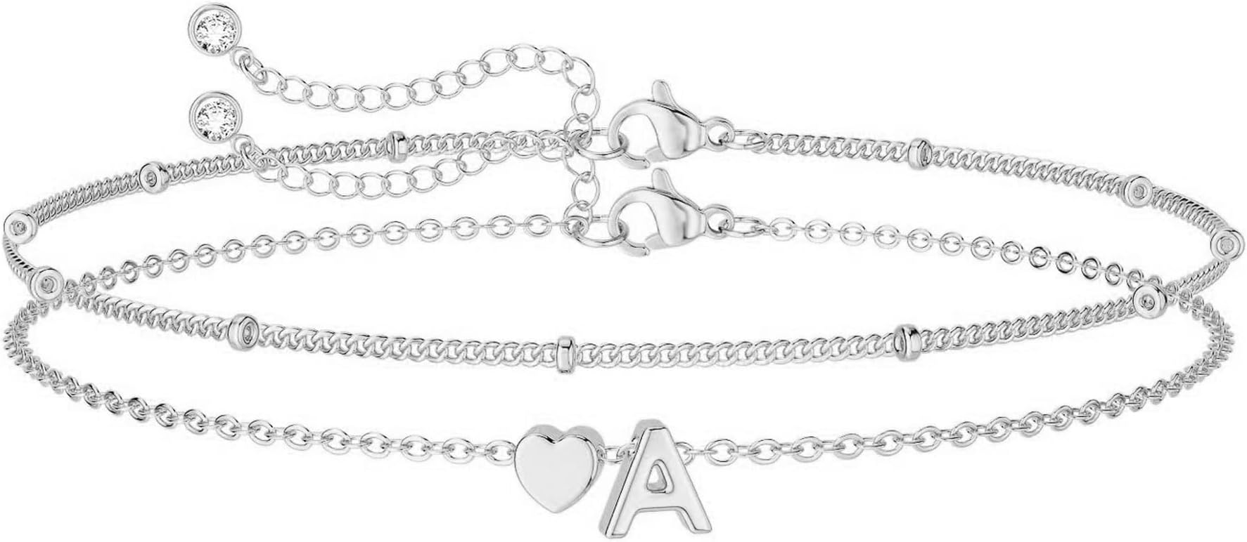 Initial Letter Silver Bracelets For Women,Adjustable Double-Layer Heart Bracelet Jewelry Gifts For Women/Teen Girl-Initial A