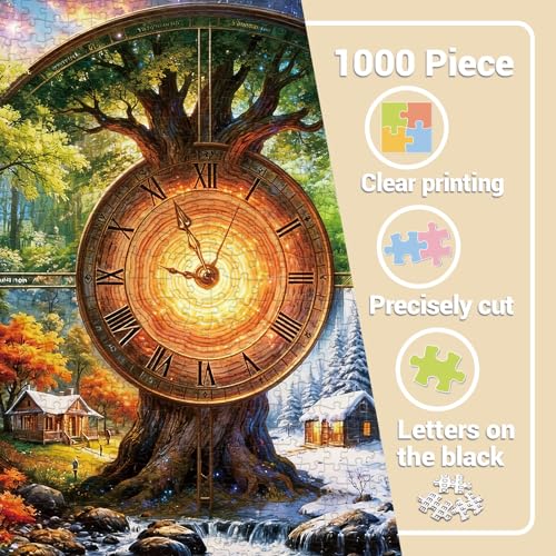 Rompecabezas de Reloj con Paisaje de las Cuatro Estaciones para Adultos, 1000 Piezas. Escena Fantástica del Árbol de la Vida. Rompecabezas Desafiantes de Bosque, Río, Naturaleza y Arte miniatura 4