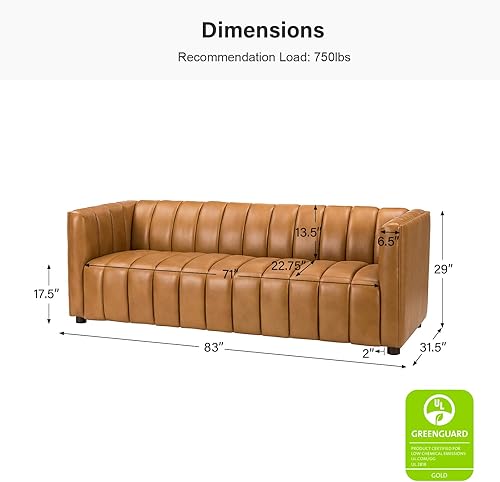 Miniatura 2 de HULALA HOME 83" Genuine Leather Sofa with Channel Tufted Design, 3-Seater Sofa for Living Room Bedroom, Modern Oversized Couch with Wood Legs, Camel