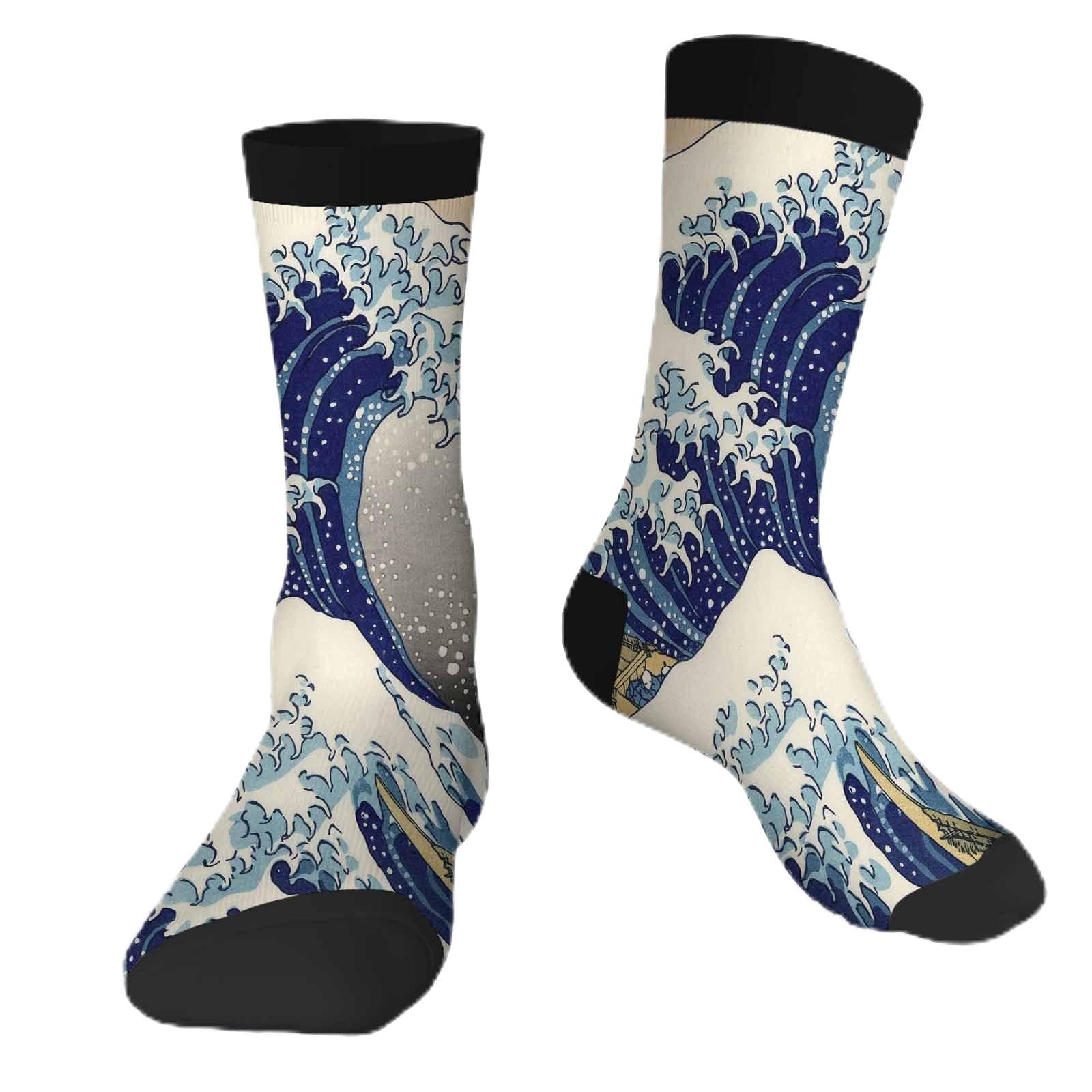 Muntayson Unisex Japanese Wave Funny Socks Novelty Casual Crew Socks Contrast Color Design For Women Men