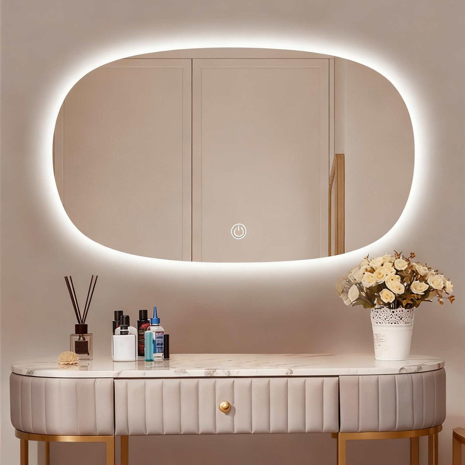SXFSDOU LED Illuminated Bathroom Mirror, Frameless Lighted Vanity Mirror with 3-Color Lighting, Dimmable Touch Sensor, Wall Backlit Design