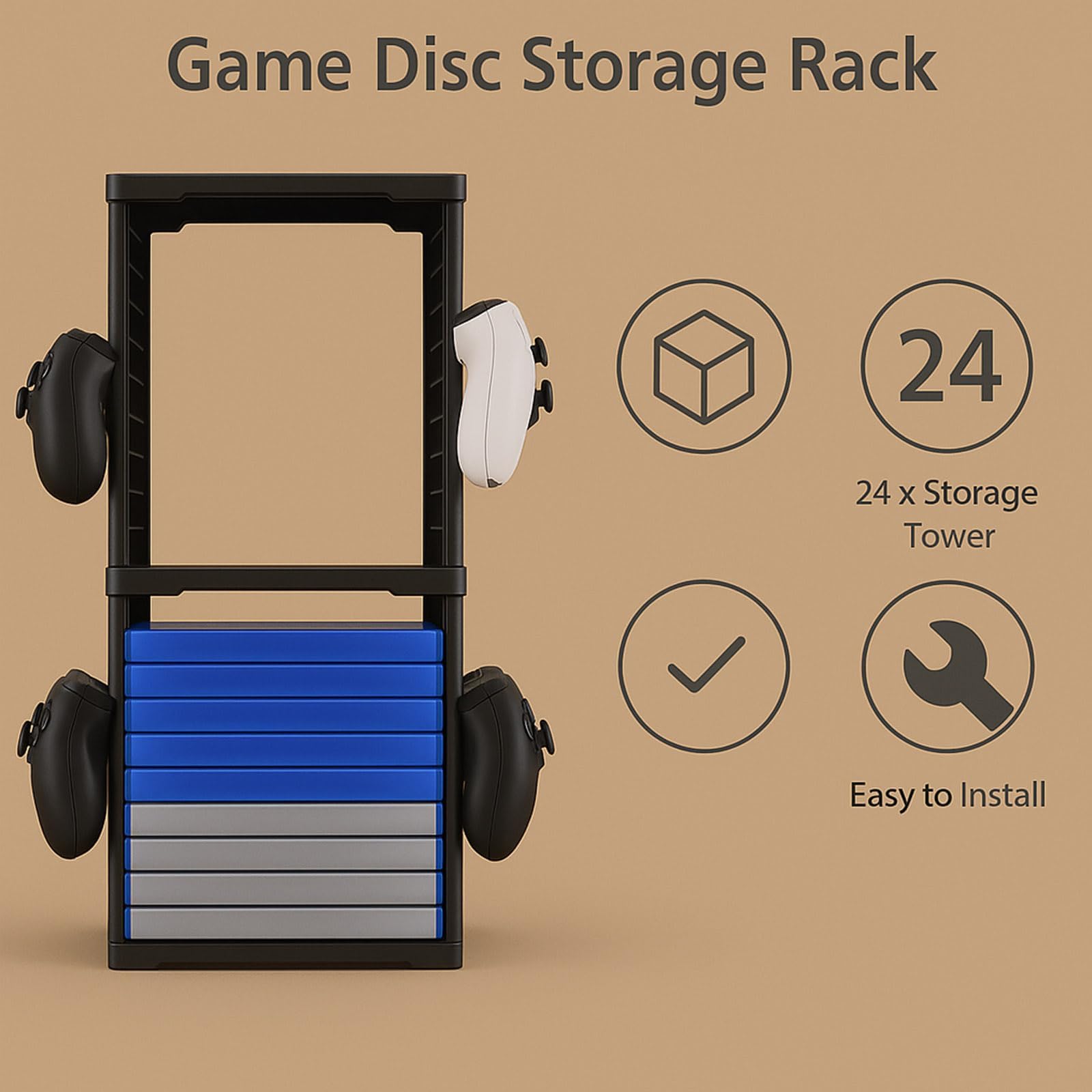 Supporto a torre di archiviazione per giochi per PS5, PS4, Xbox Series X/S, Xbox One, Switch e dischi Blu-Ray - Rack organizer per 24 dischi con controller e ganci per cuffie, salvaspazio
