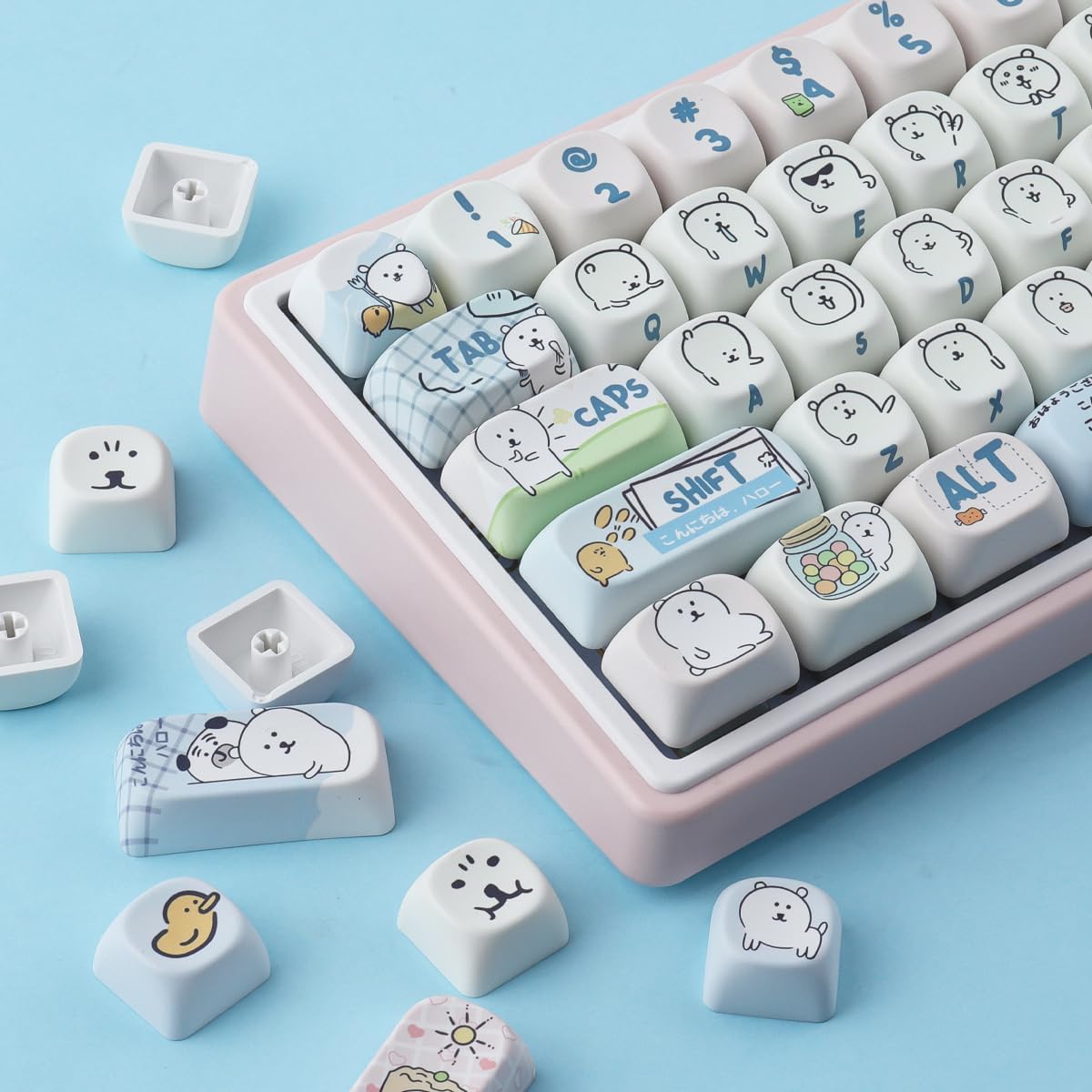 Hyekit PBT Keycaps MOA Profile MOGUMOGU Joke Bear Cute Keycaps 147 Keys Dye-Sublimation Japanese Cartoon Kawaii Keycap Set for Cherry MX Magnetic Switches Mechanical Keyboard