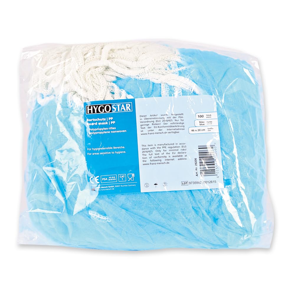Franz Mensch Hygostar Bartschutz aus PP-Vlies | in blau mit weißem Gummiband, 46 x 20 cm (Einheitsgröße), Stück 1000, Barthaube, Bartschutz Maske, Einwegbartschutz